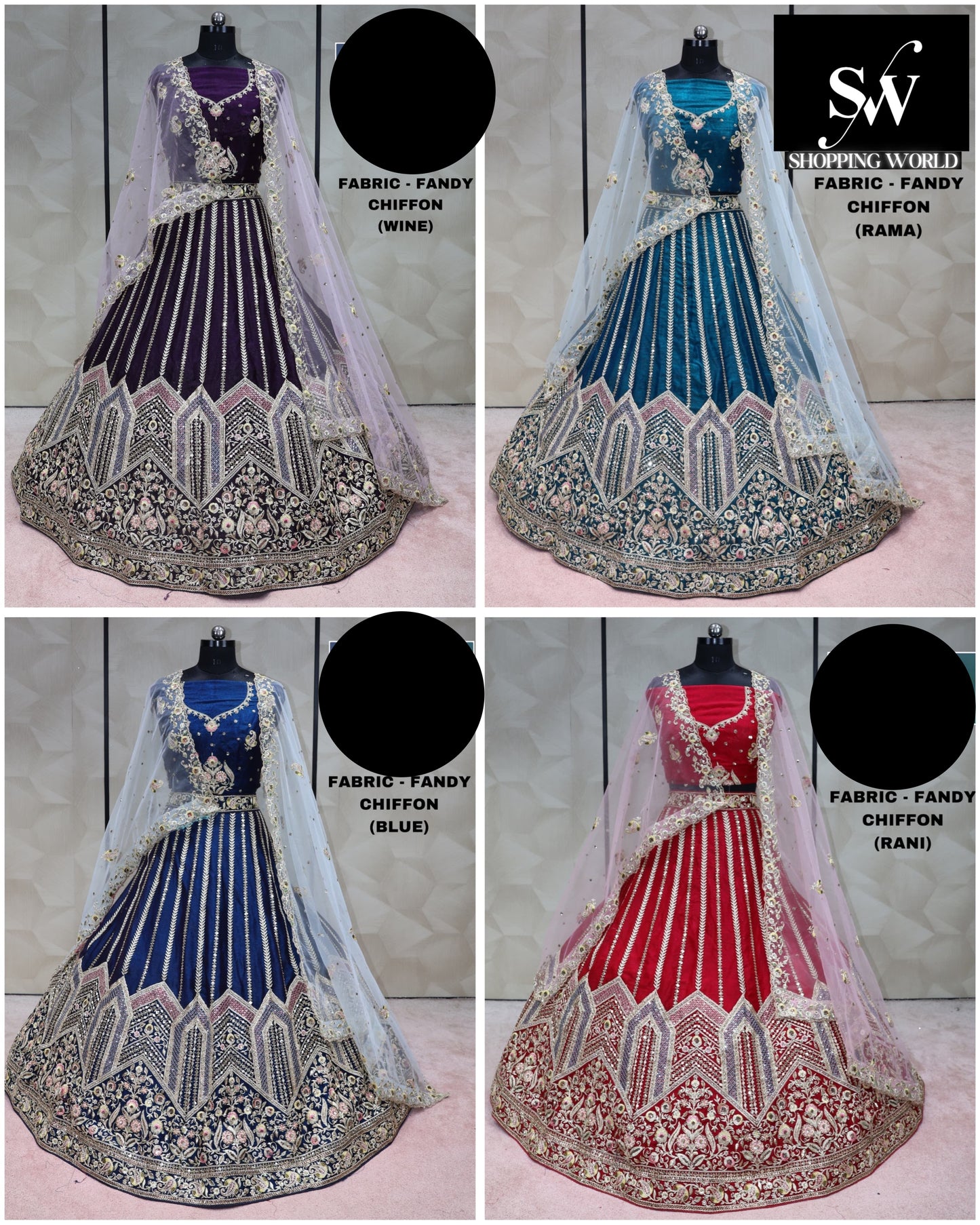 Green purple red blue Lehenga Fendi chiffon Fabric