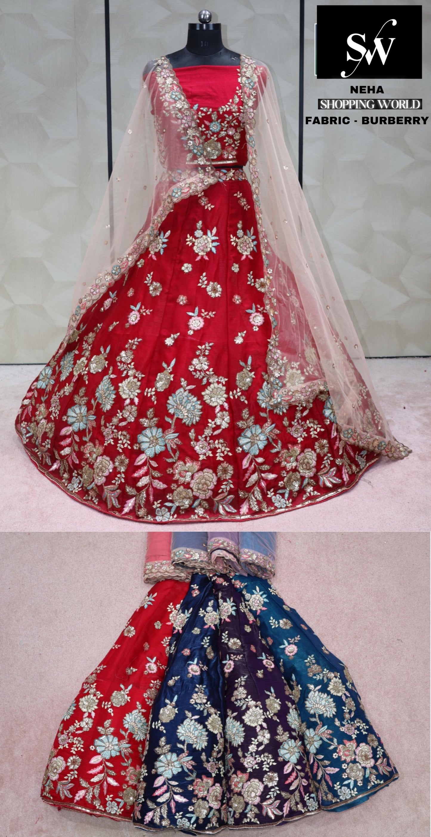 Red Lehenga Burberry Fabric