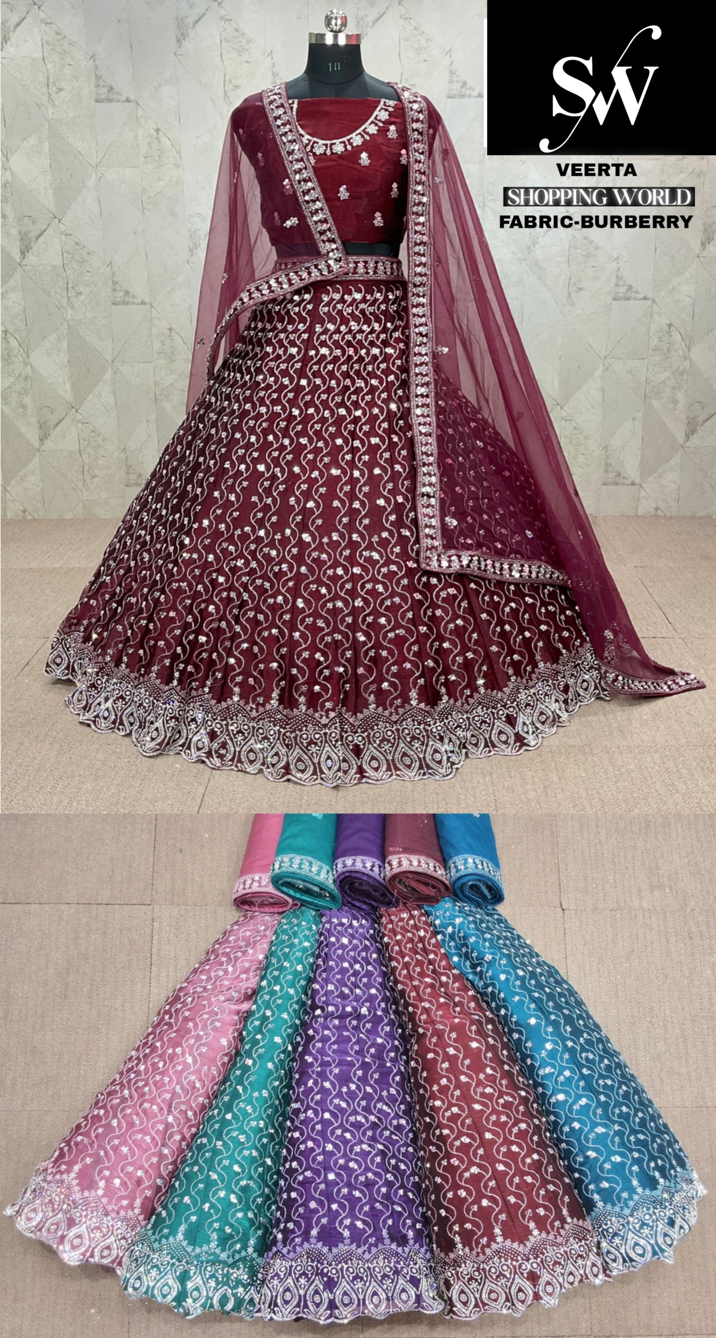 Maroon Lehenga Burberry Fabric