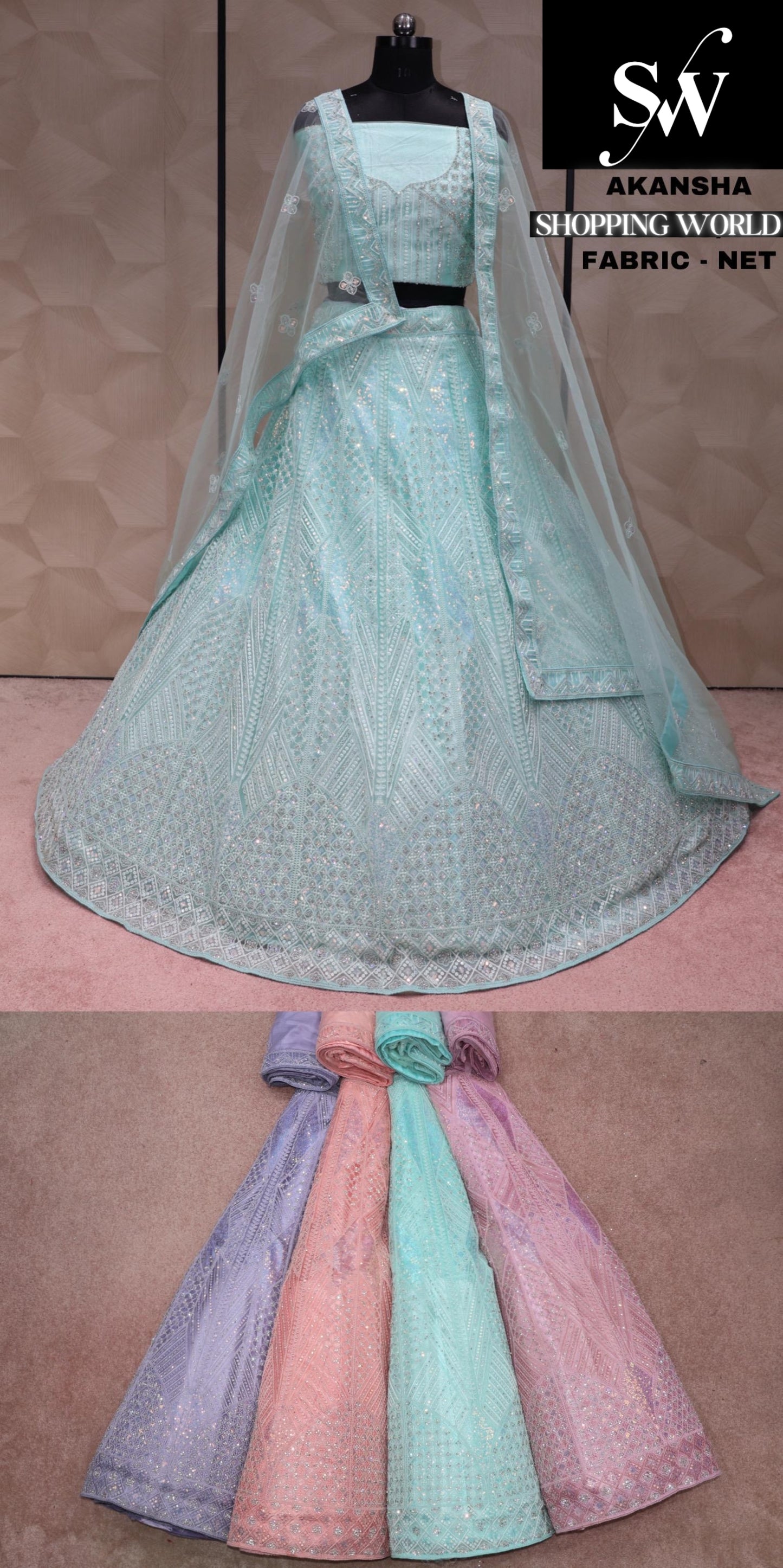 Sky blue Lehenga Net Fabric