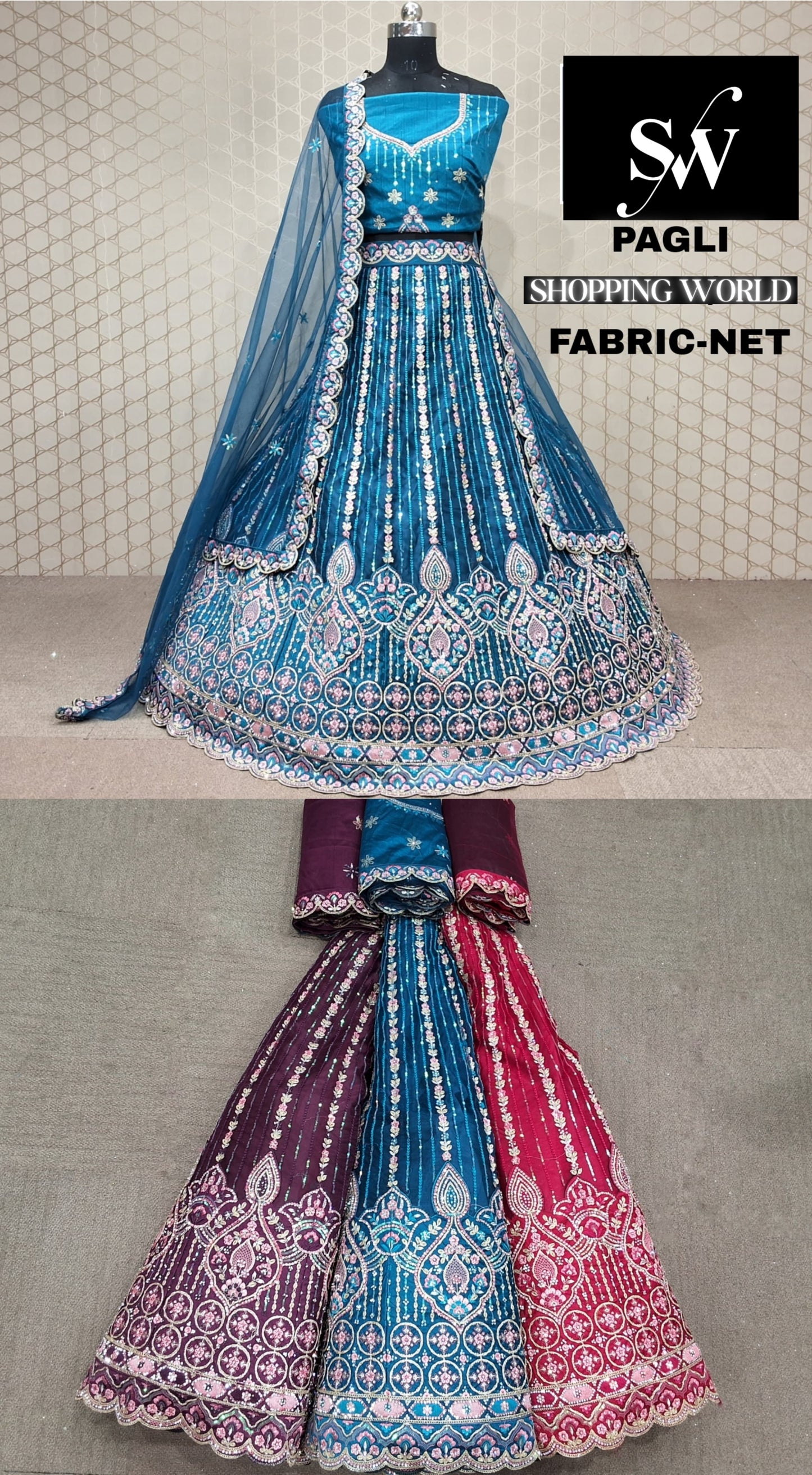 Tela de red Lehenga azul cielo