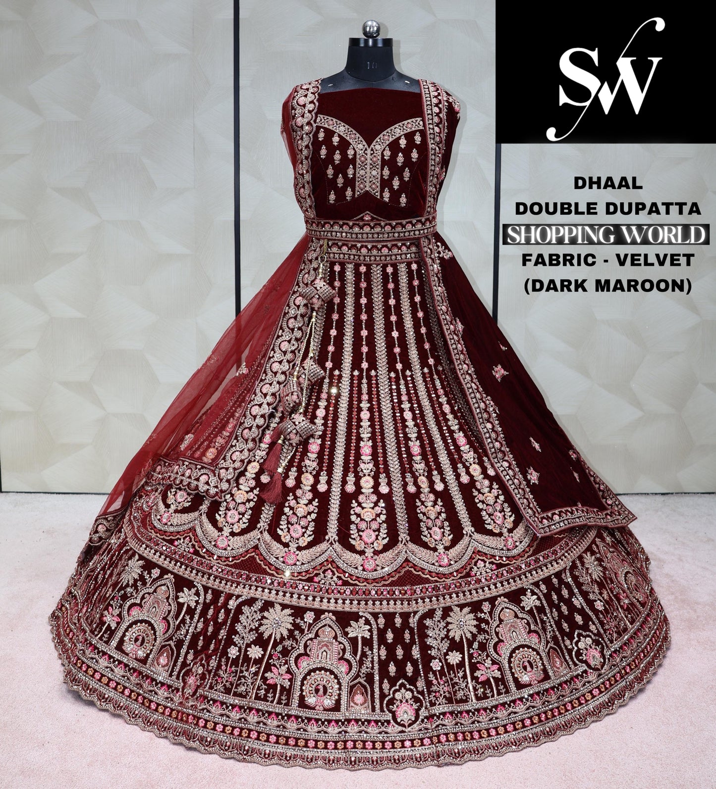 Dark maroon Lehenga velvet fabric