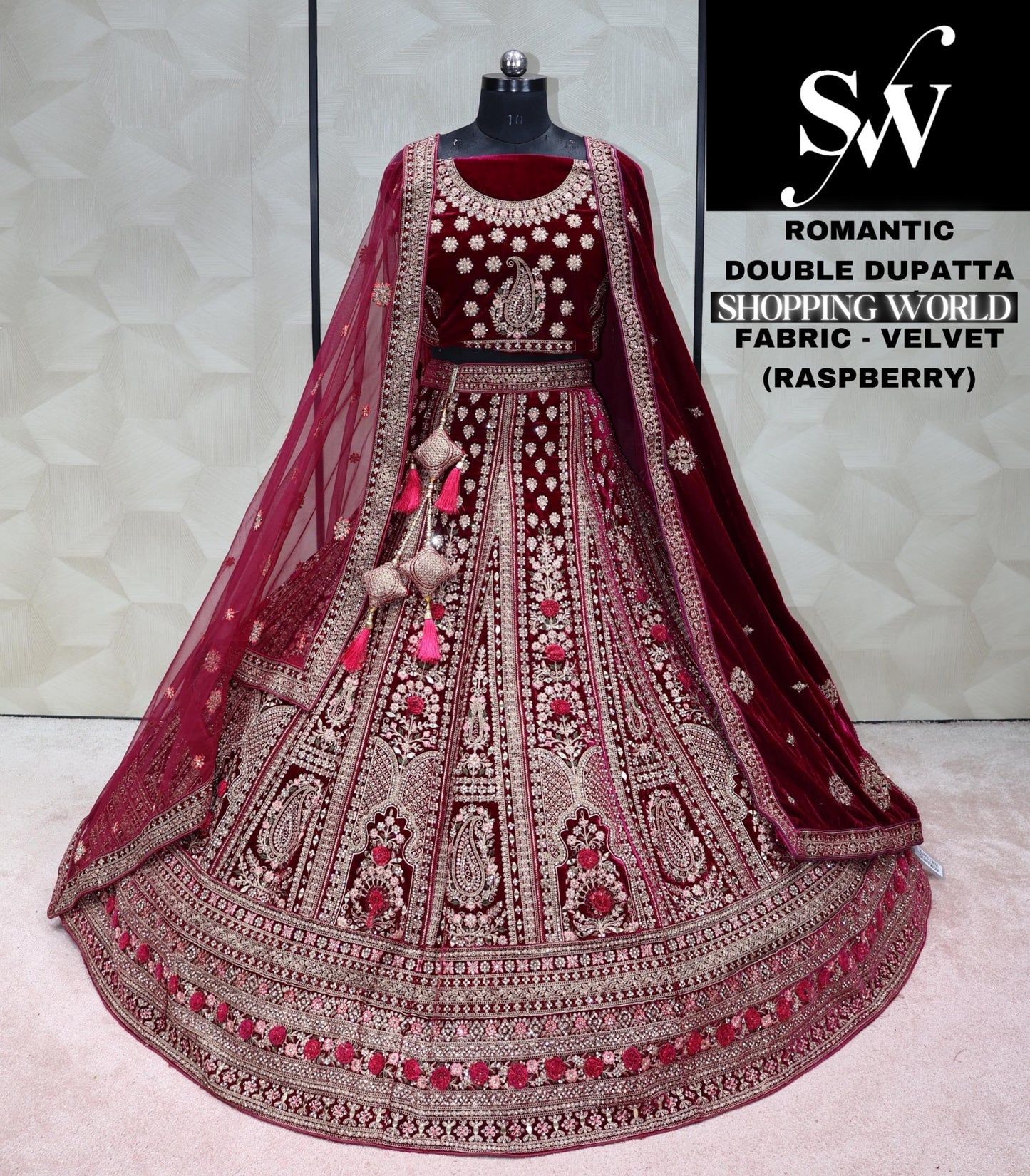 Raspberry Pink Lehenga Velvet fabric