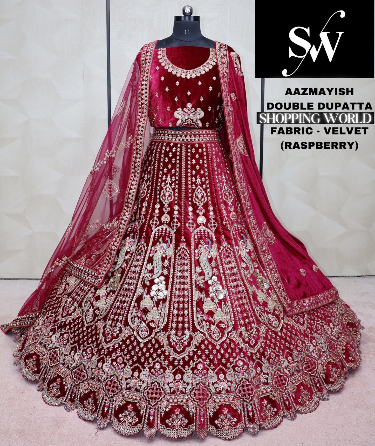 Tela de terciopelo de pavo real para lehenga rosa frambuesa