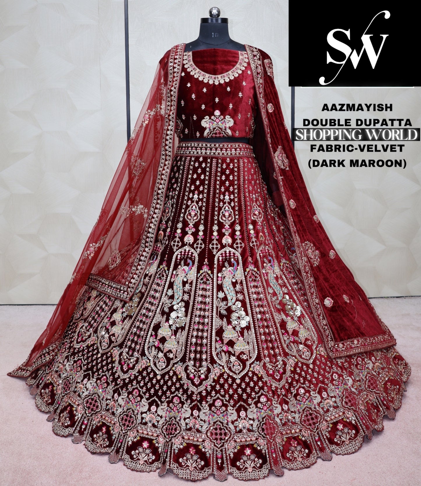 Rani Pink maroon Lehenga peacock Velvet Fabric