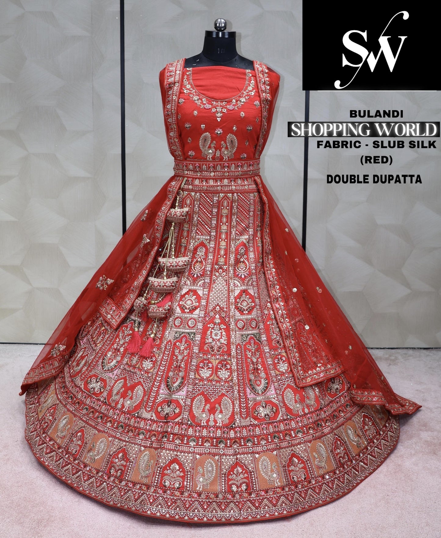 Red double dupattaLehenga slub silk Fabric