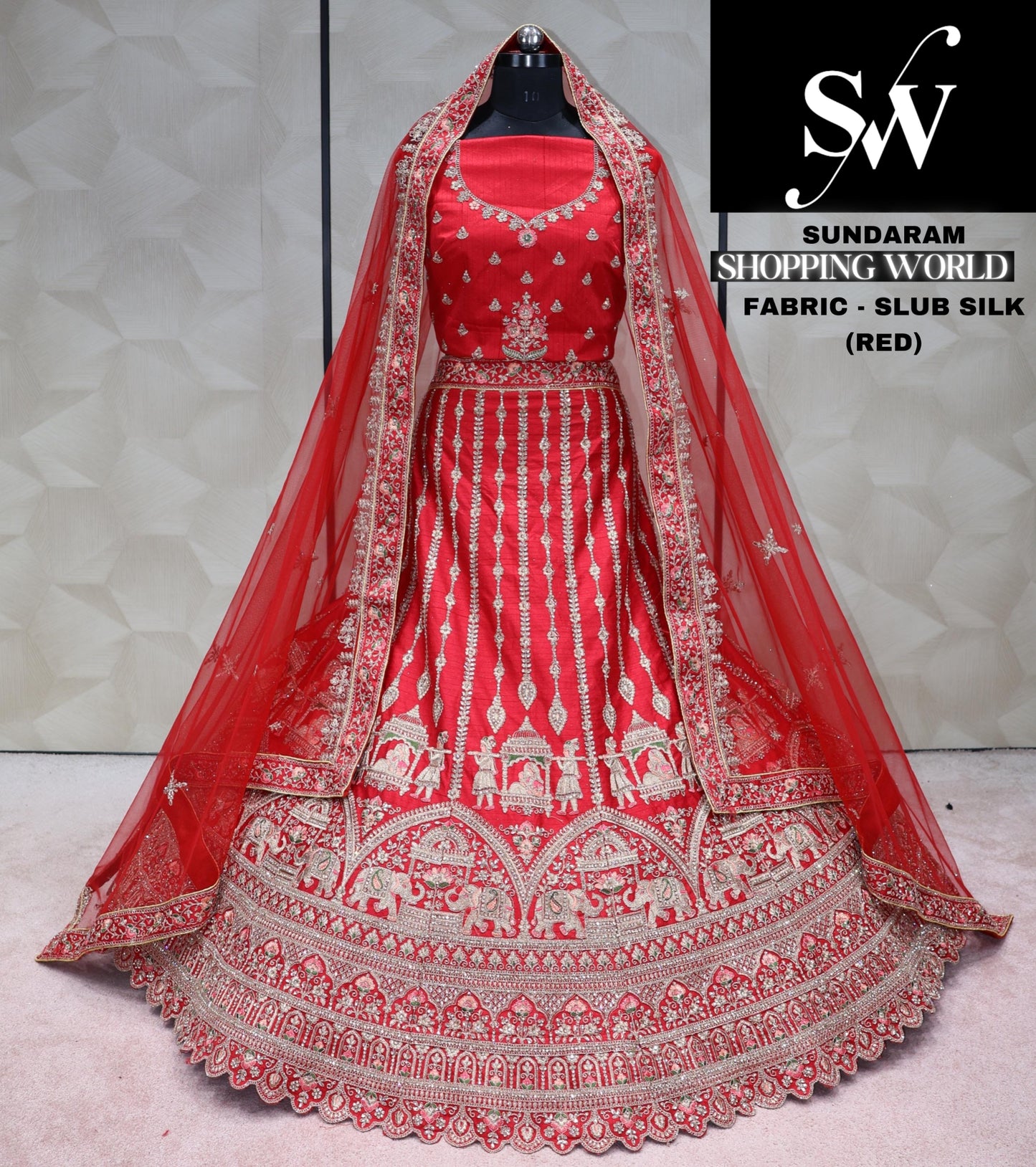 Red Lehenga slub silk Fabric