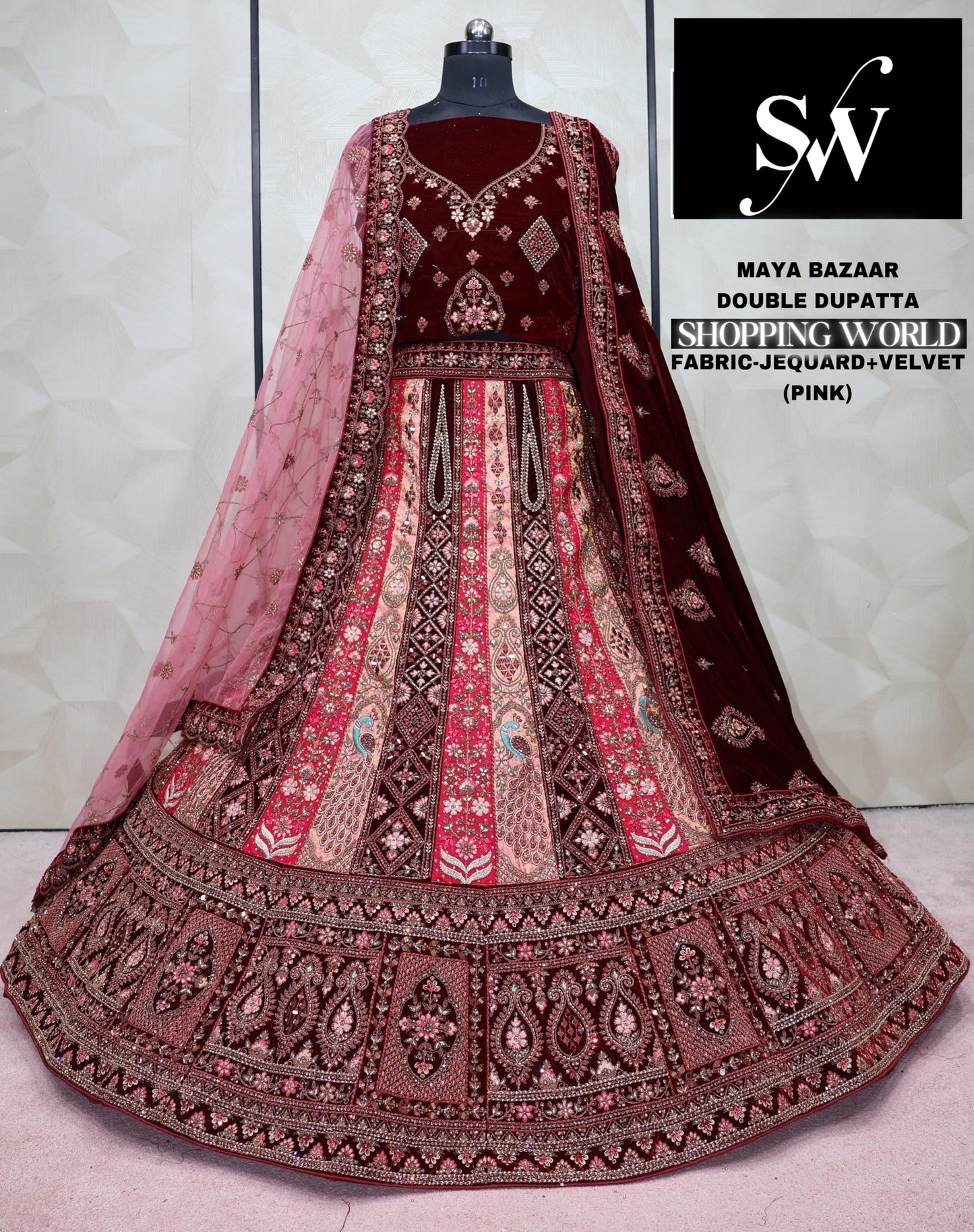 Maroon Lehenga jacquard velvet fabric