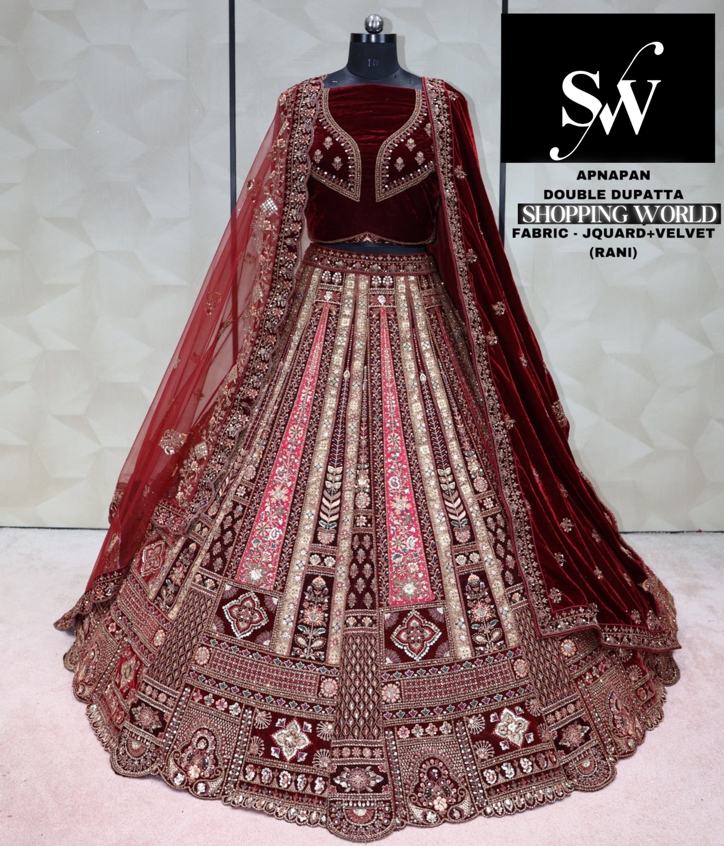 Rani Pink Maroon Lehenga jequard velvet fabric