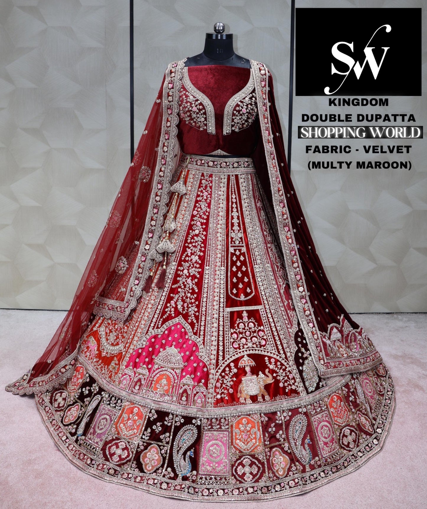Maroon red bridal Rajwada Lehenga Palace Mandir design velvet fabric