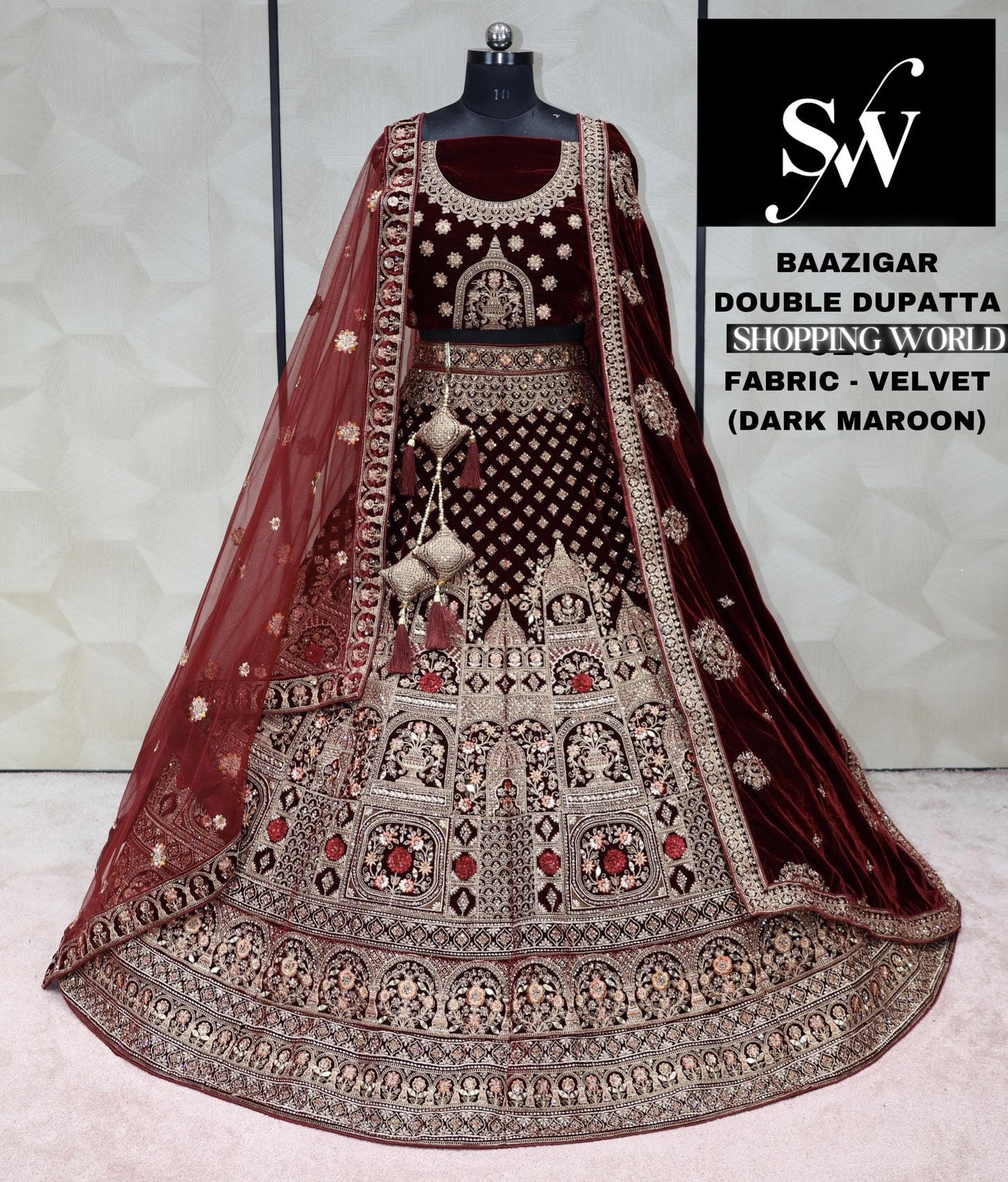 Dark Maroon Lehenga velvet fabric