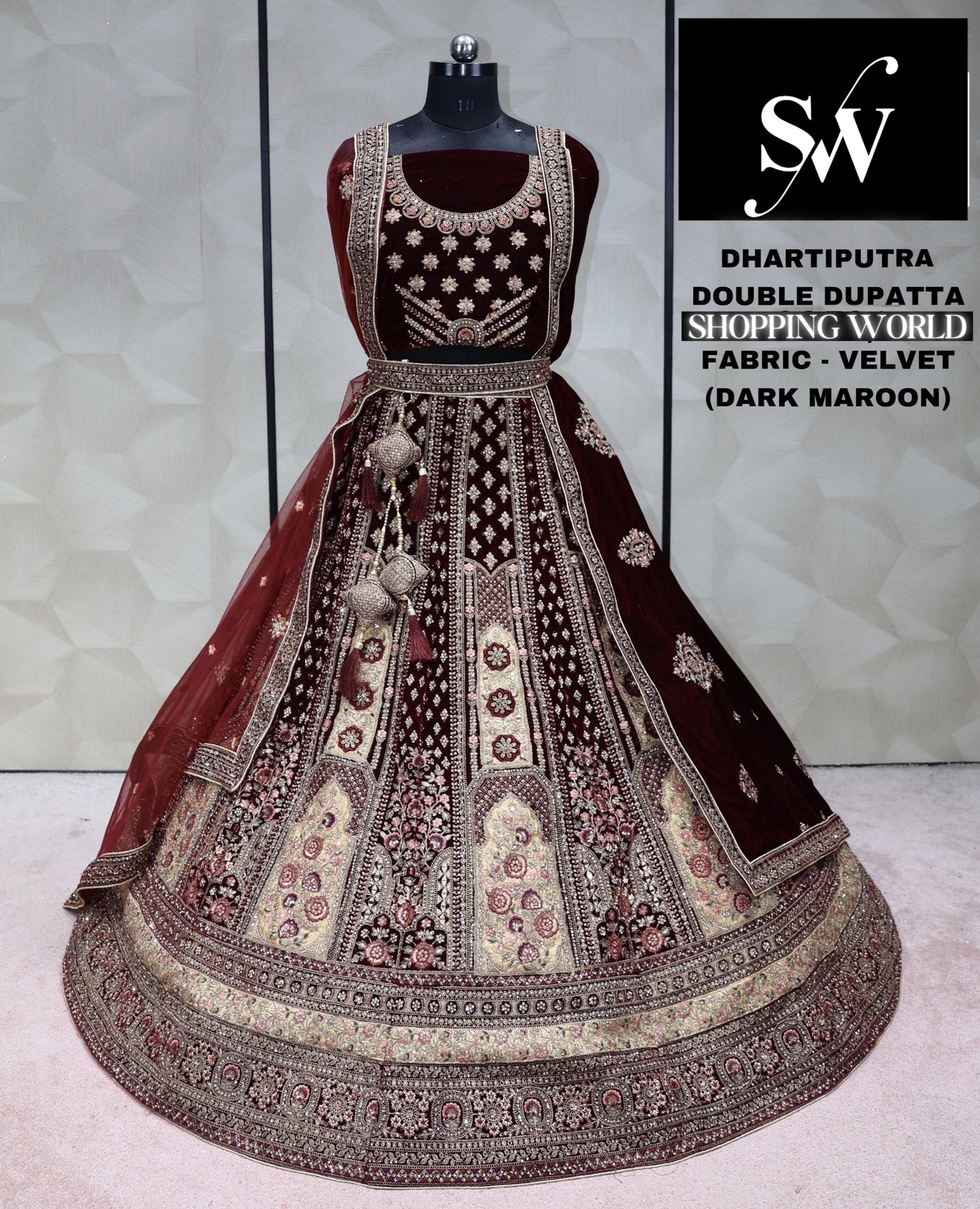 Dark Maroon Lehenga velvet fabric