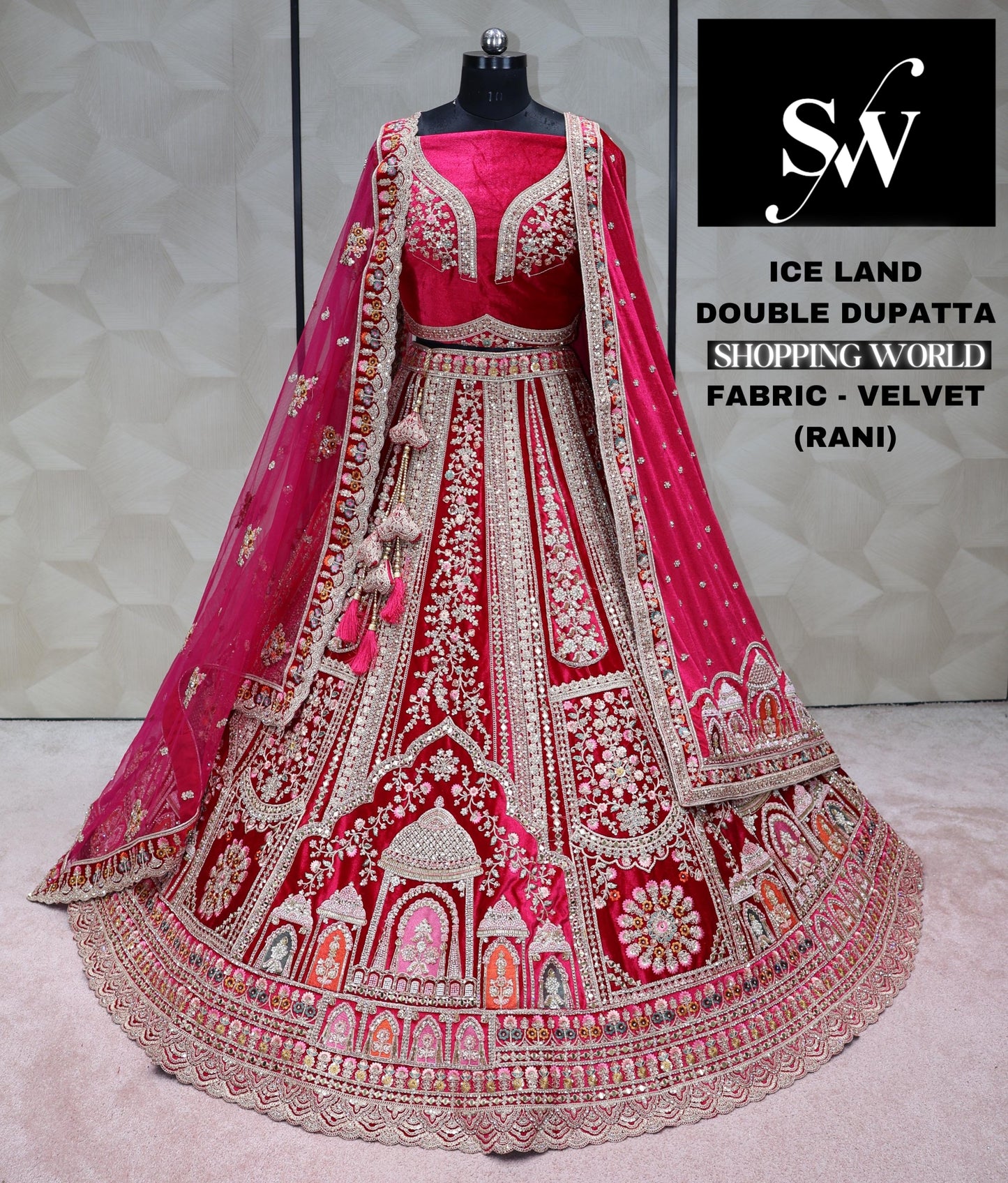 Rani Pink Lehenga Palace mandir design velvet fabric