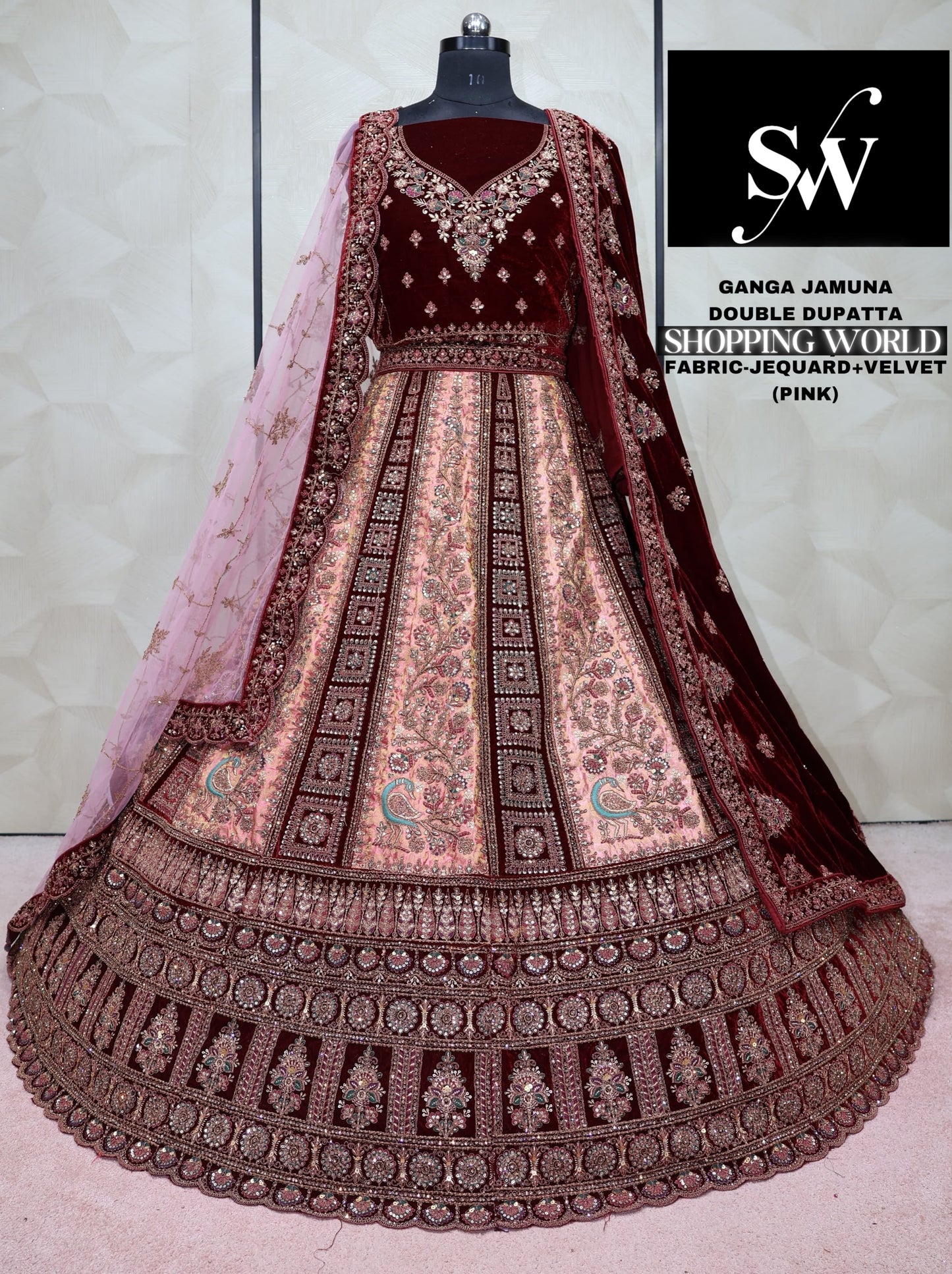 Pink maroon Lehenga jequard velvet fabric