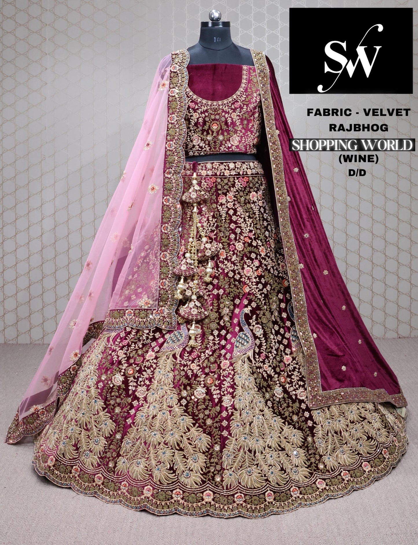 Pleasing wine pink peacock Bridal Lehenga
