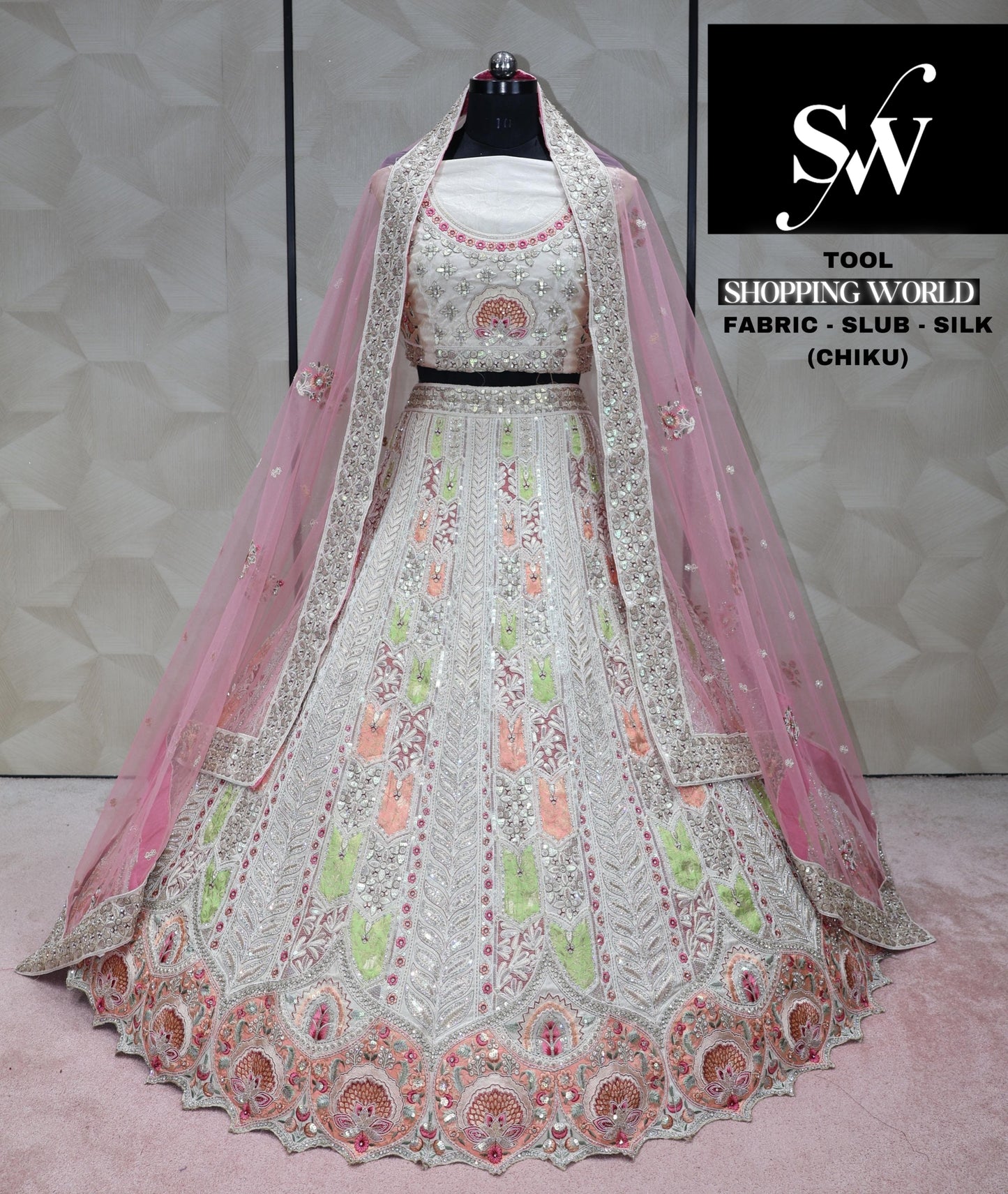 White pink cutwork Lehenga slub silk fabric