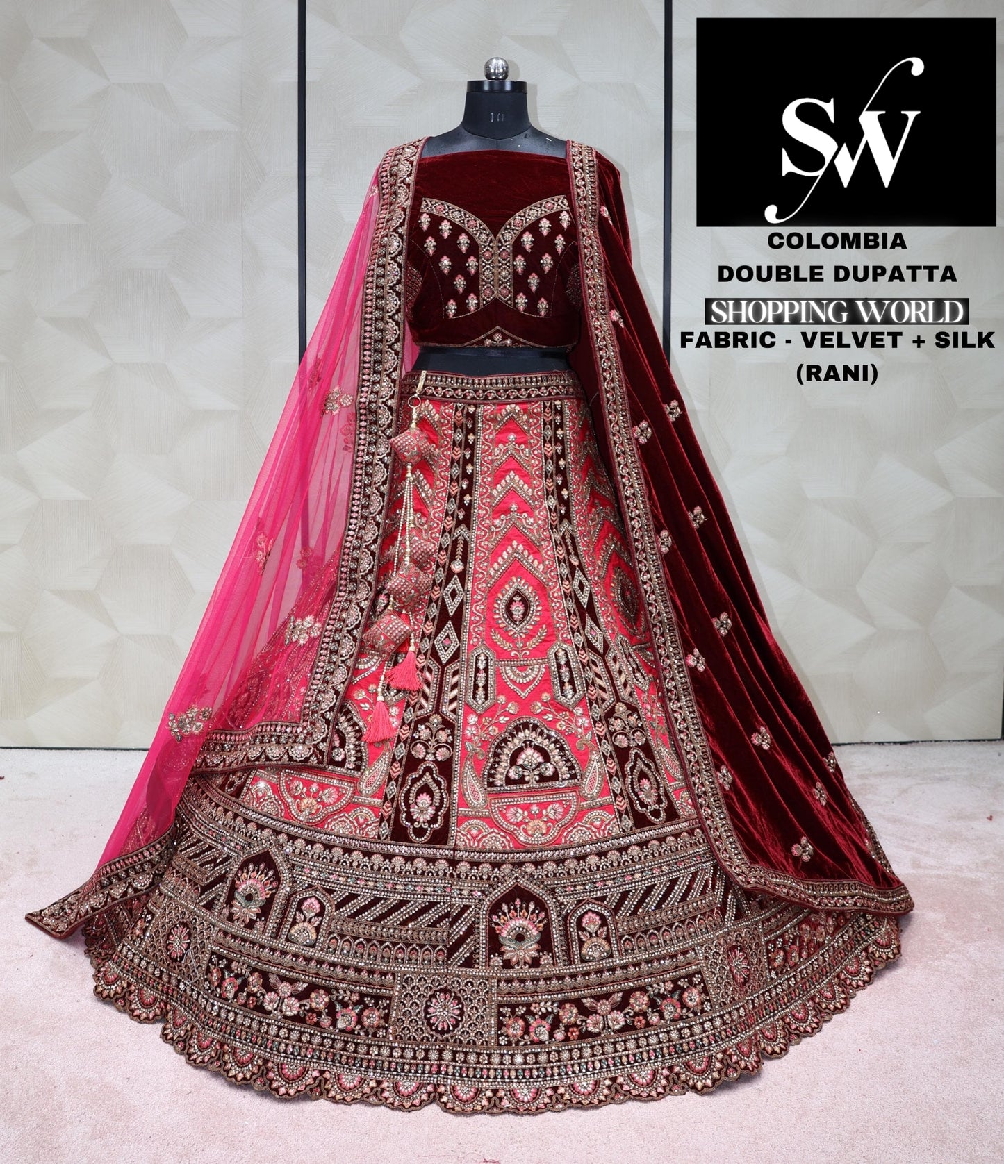 Maroon Rani Lehenga silk velvet fabric