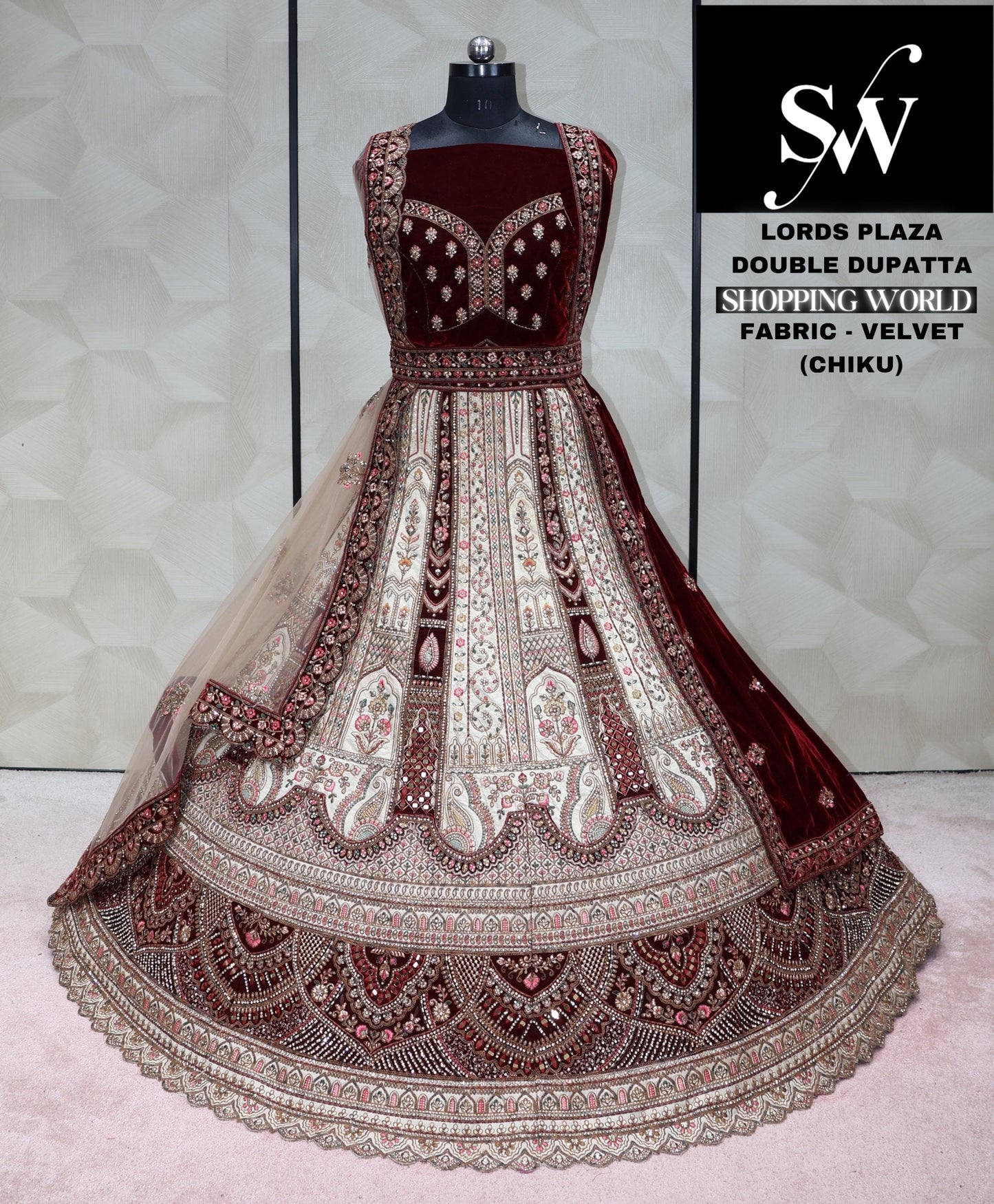 Maroon ivory white chiku Lehenga velvet fabric