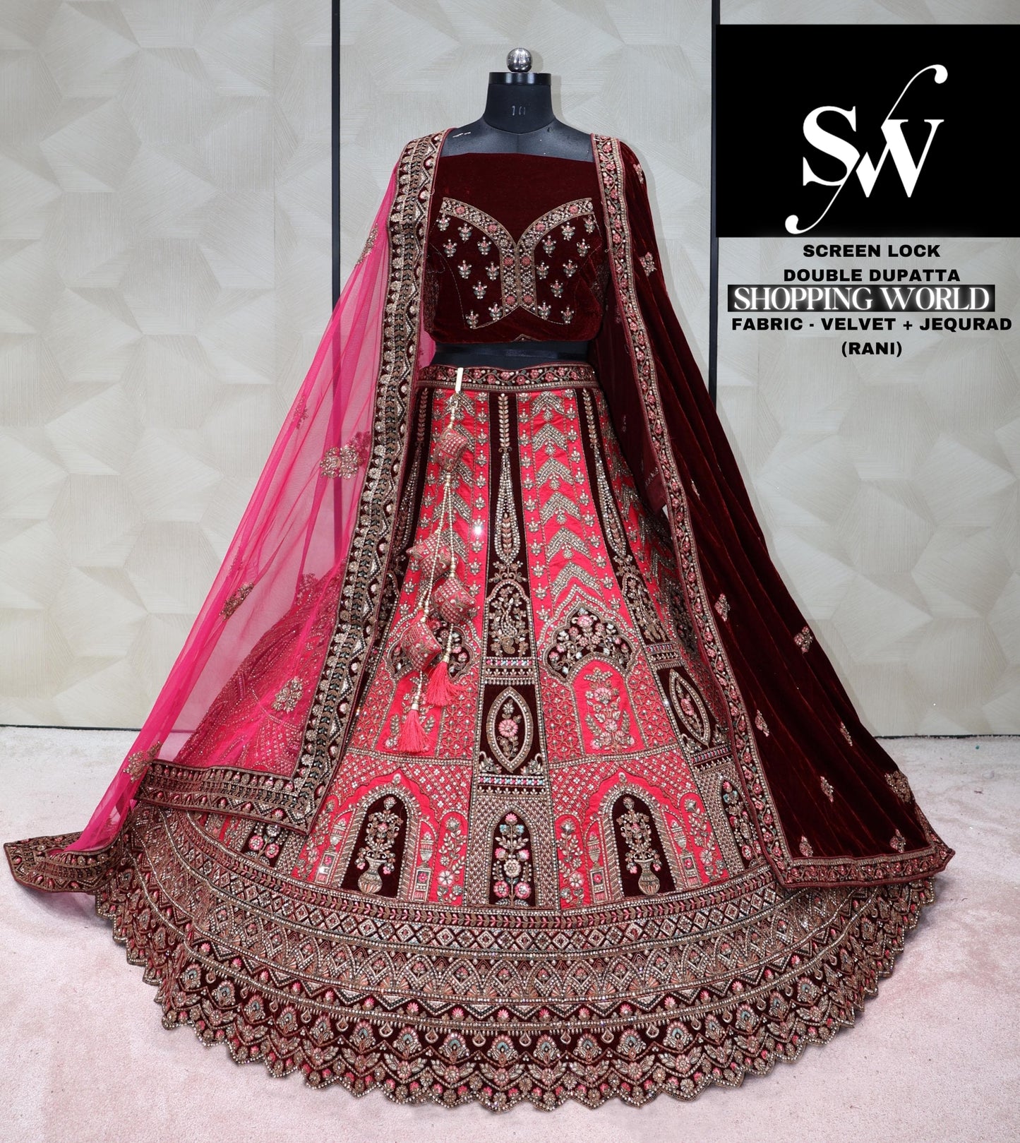 Rani Pink Lehenga jequard Velvet fabric