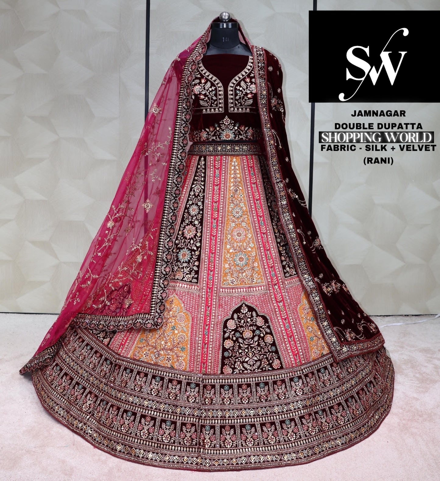 Rani Pink Lehenga jequard silk Velvet fabric
