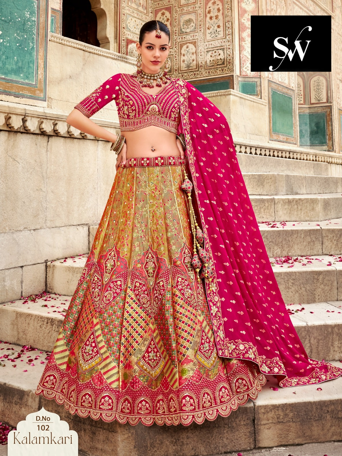 Mustard pink Lehenga Banarasi fabric