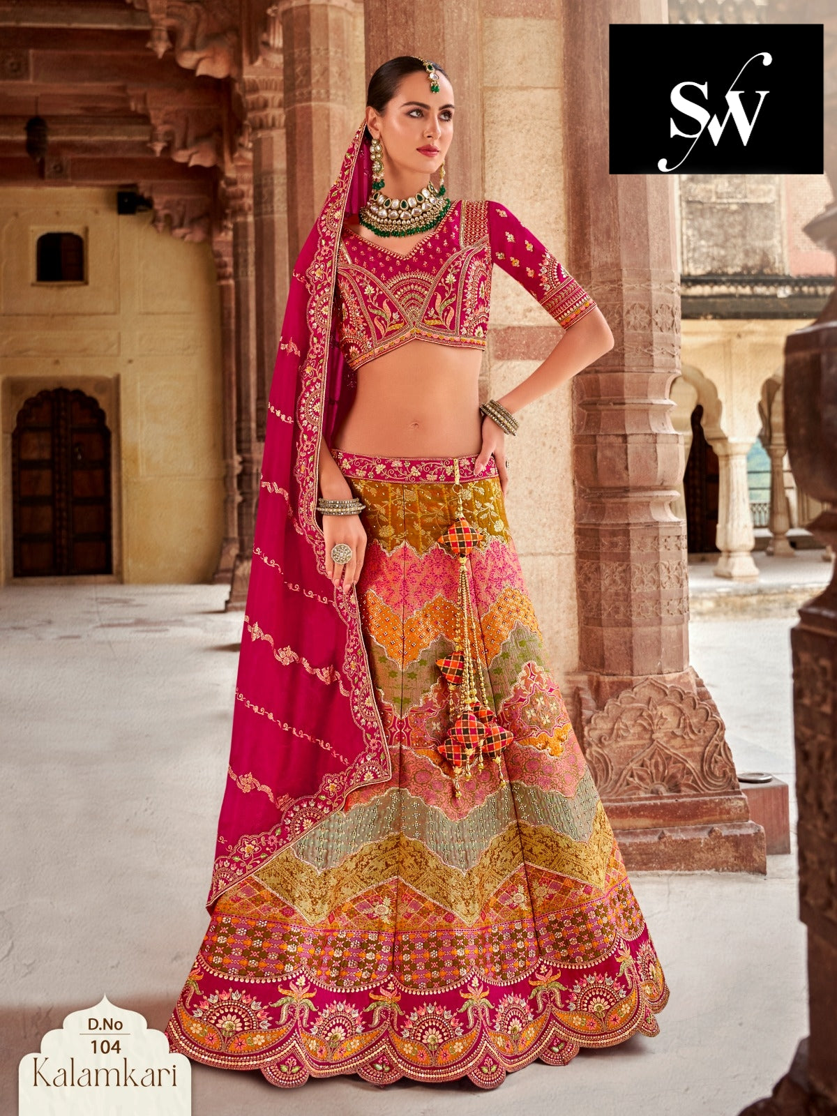 pink Multi Lehenga Banarasi fabric