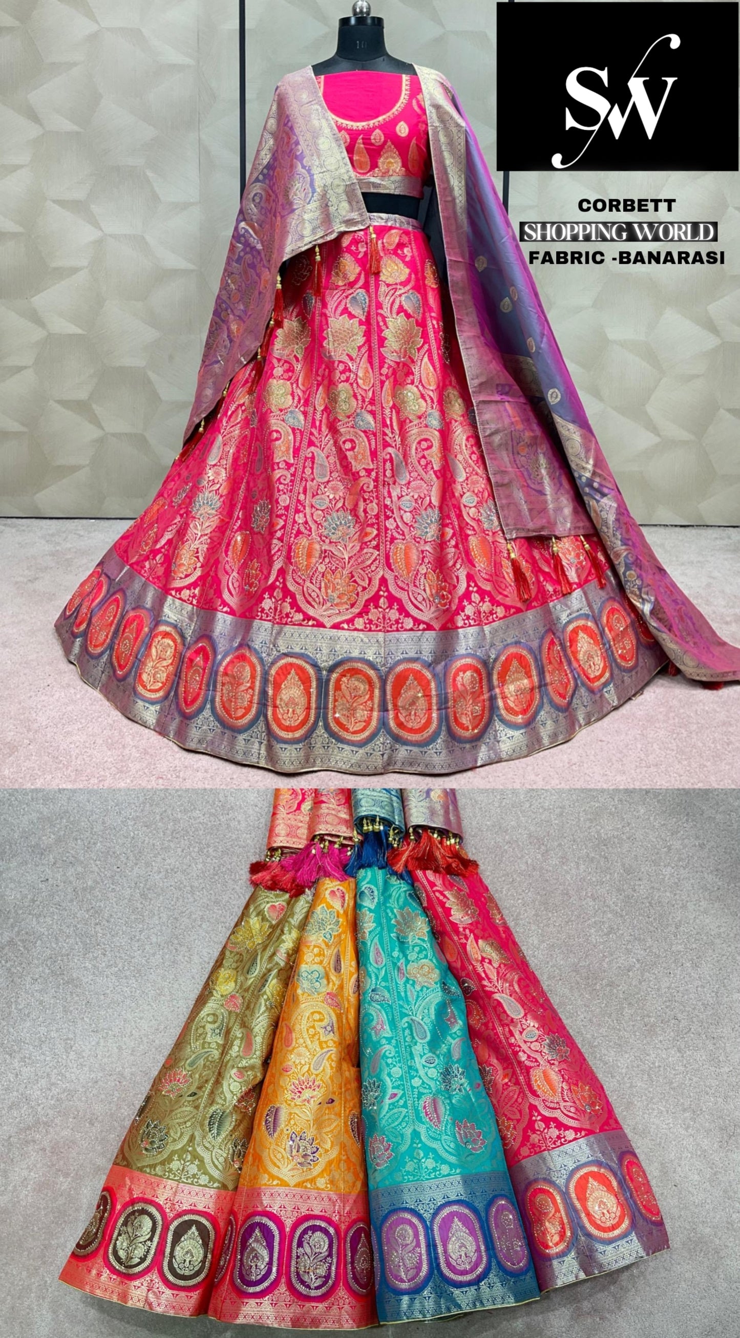 Dark pink Lehenga Banarasi silk fabric