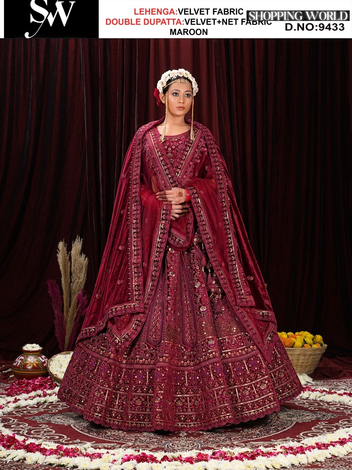 Lehenga de tela de terciopelo granate