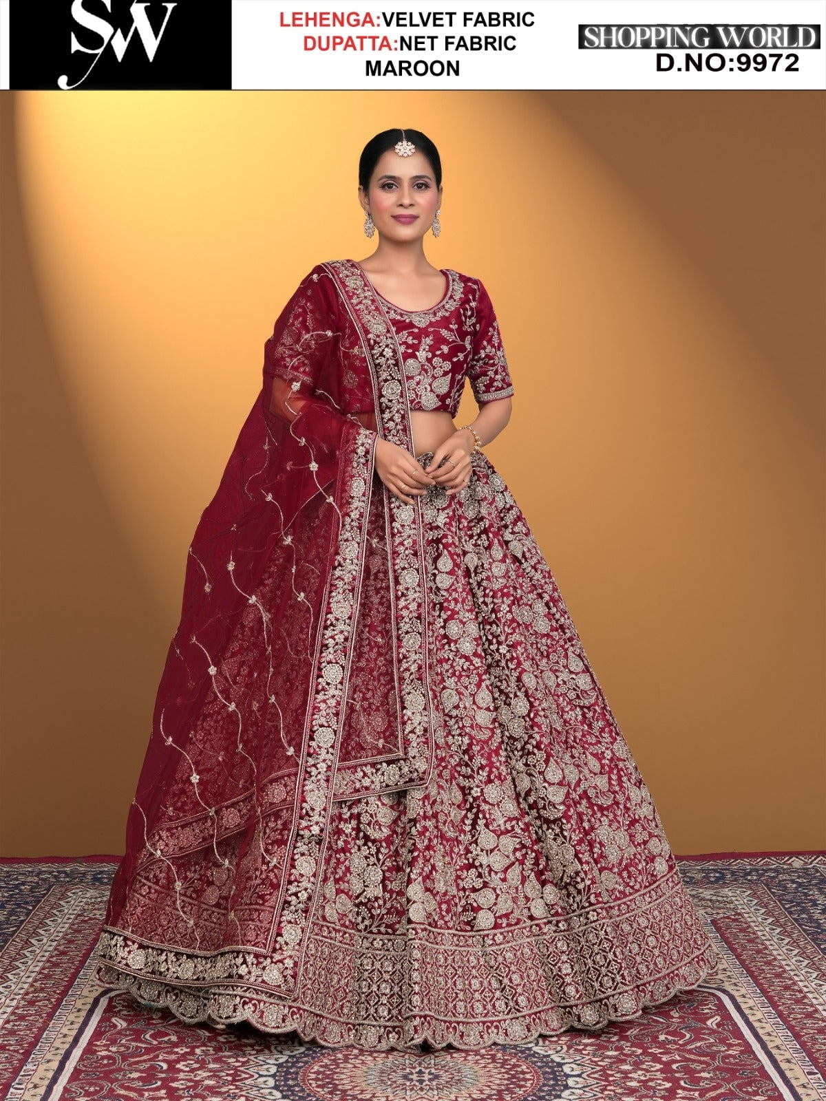 Lehenga de tela de terciopelo granate