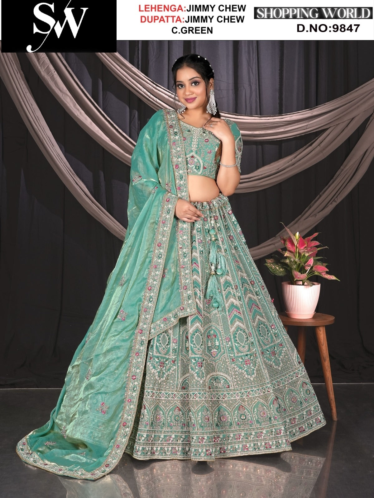 Sea green jimmy chew fabric lehenga