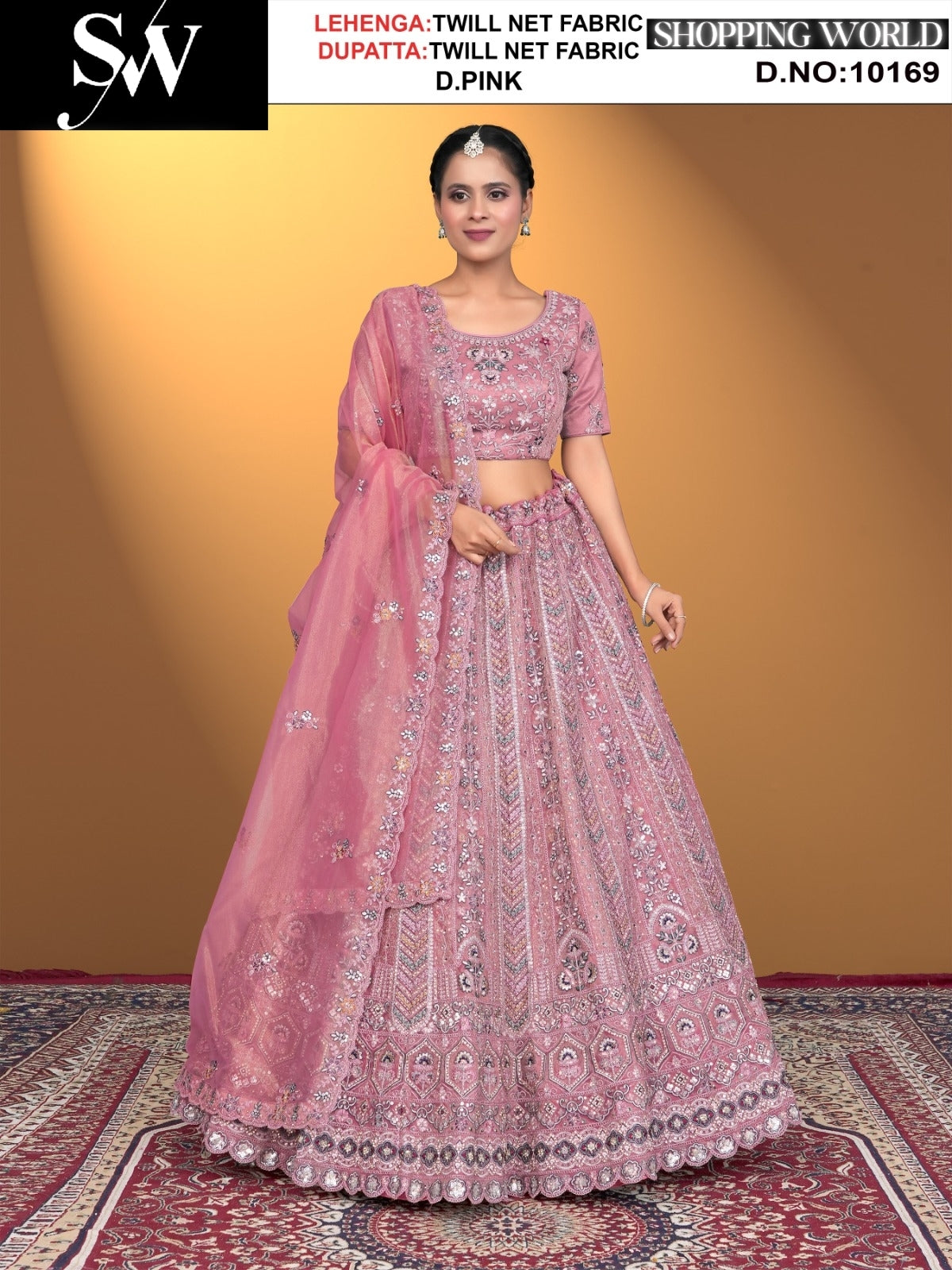 Dark pink twill Net fabric lehenga