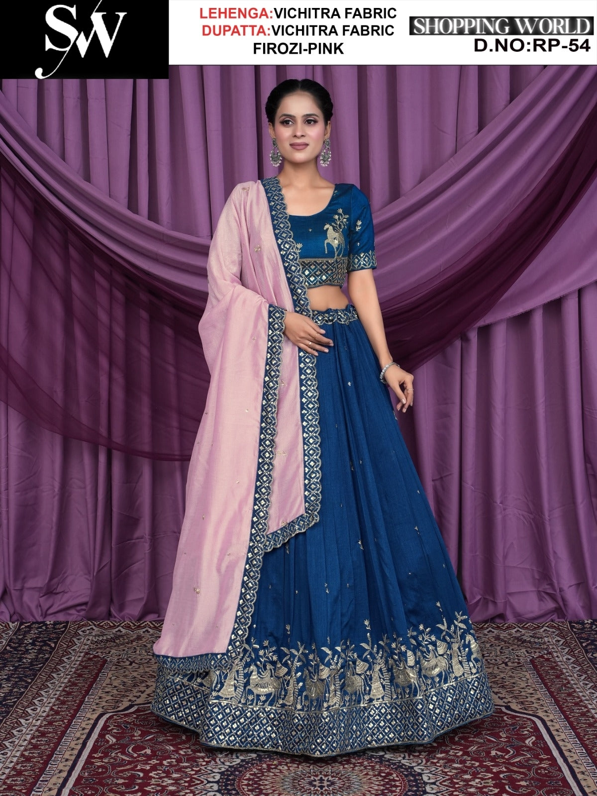 Firozi pink vichitra Fabric lehenga