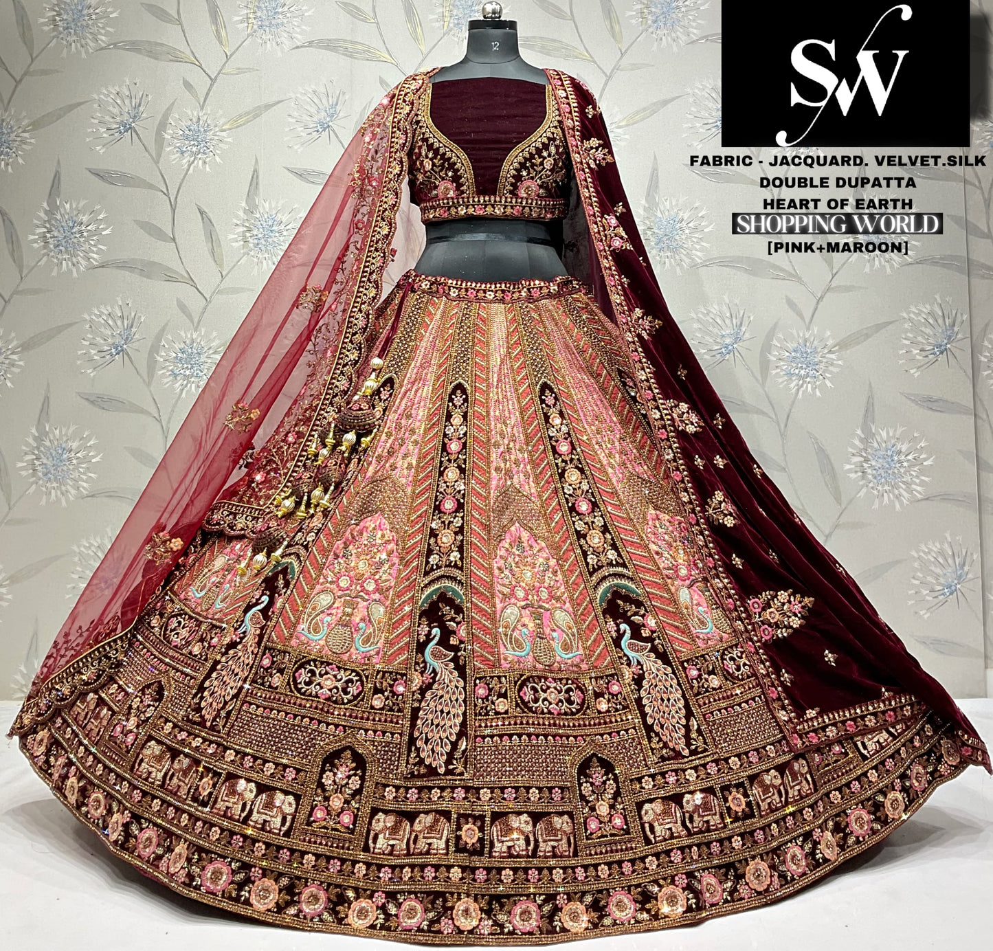 Khoobsurat Velvet jacquard silk   pink maroon peacock Bridal Lehenga