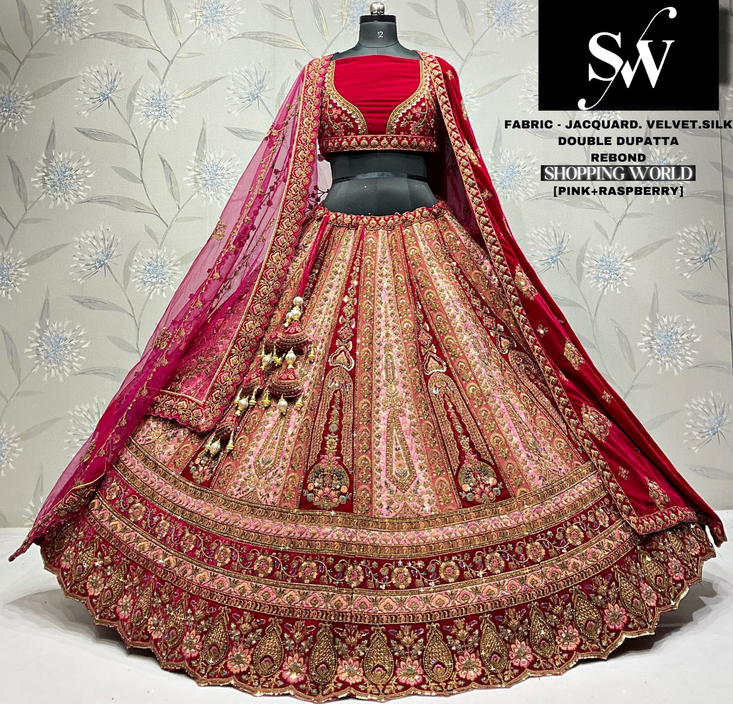 Good looking Velvet jacquard silk   pink Raspberry Double dupatta Bridal Lehenga