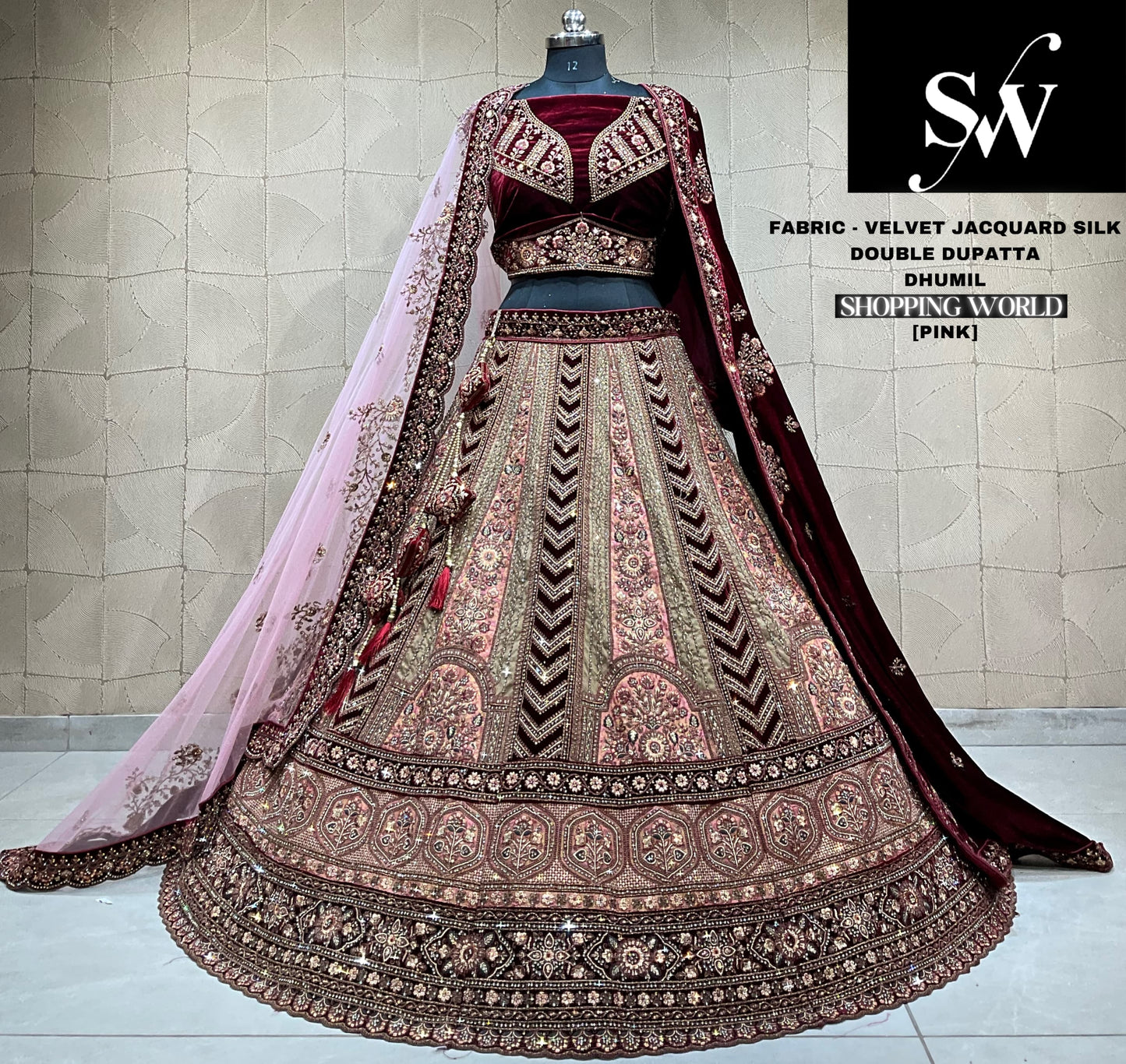 Something different Velvet jacquard silk pink Double dupatta Bridal Lehenga