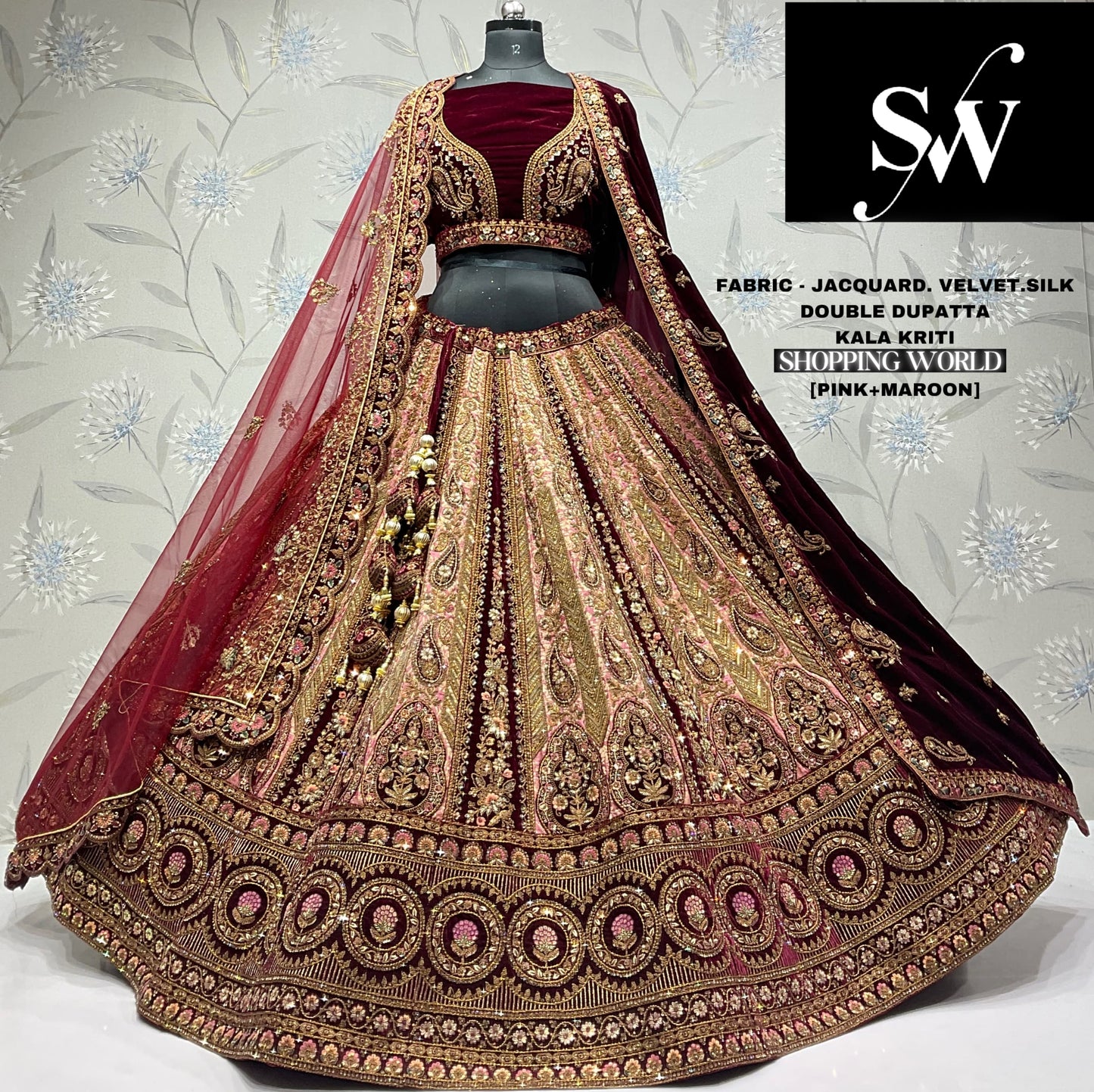 Encantadora dupatta de novia doble en seda jacquard de terciopelo rosa granate