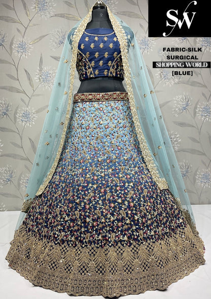 Lehenga majestuosa de seda azul cielo para fiesta