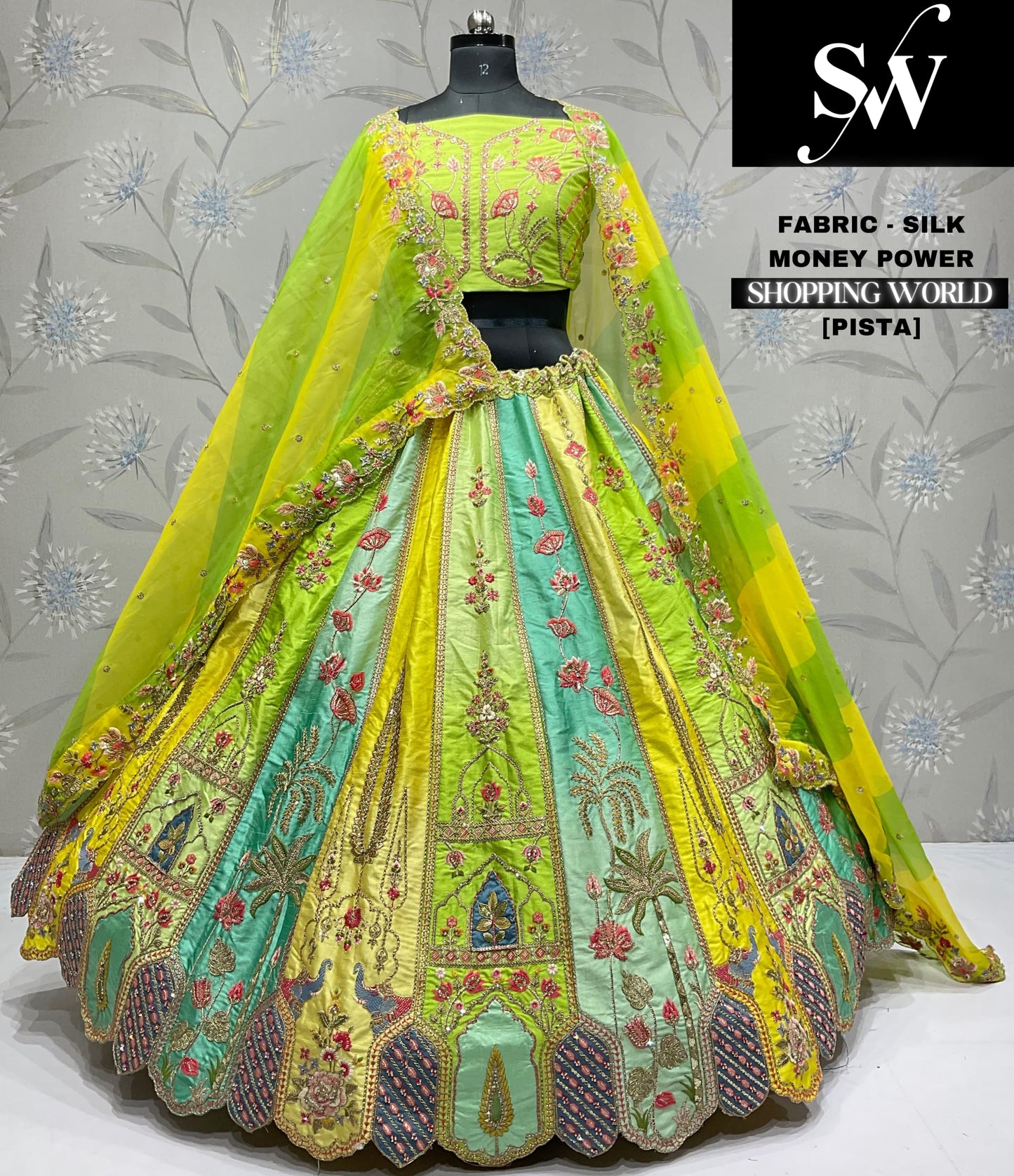 Charming multicolour pista green silk party wear Lehenga