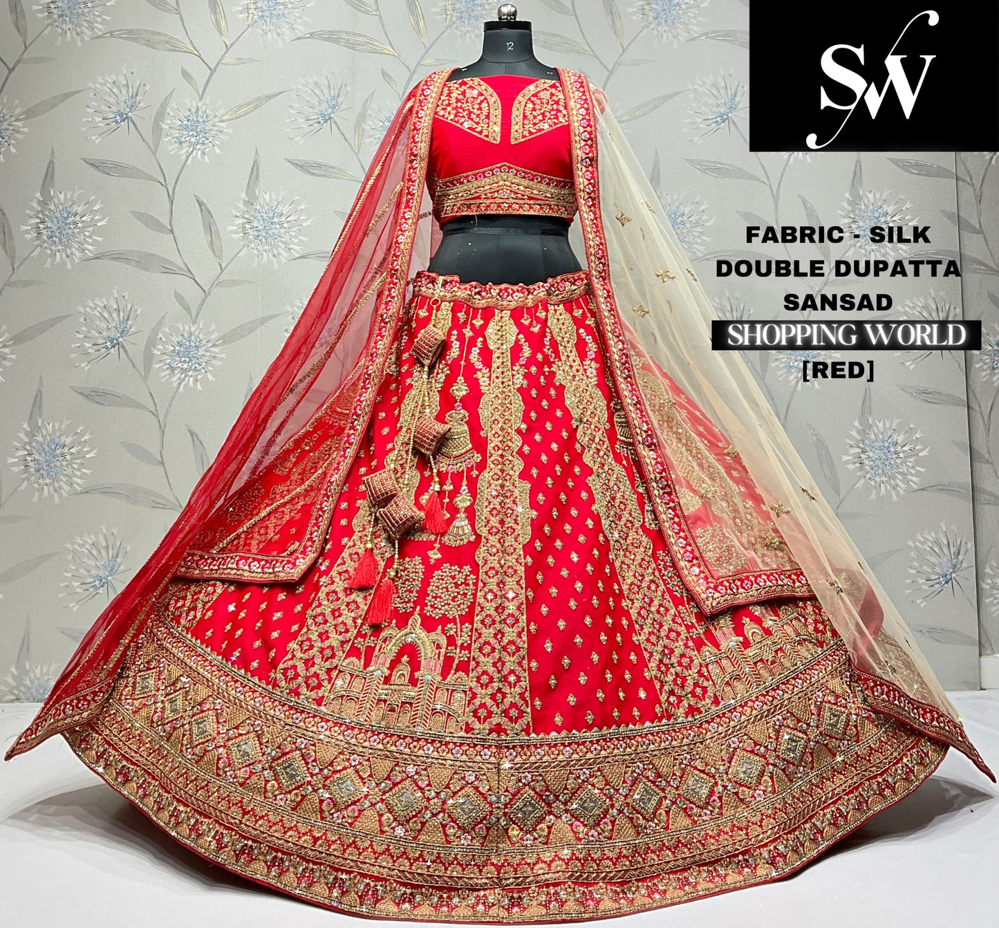 Astonishing red silk double dupatta bridal Lehenga