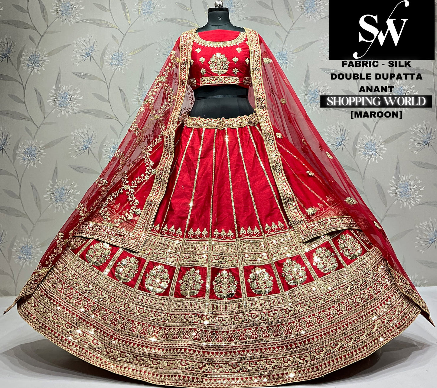 Majestic maroon silk double dupatta bridal Lehenga