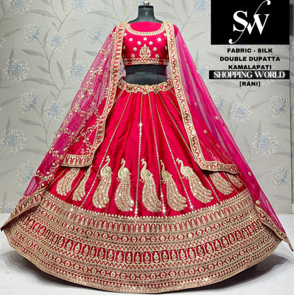Fabulous rani silk double dupatta peacock bridal Lehenga