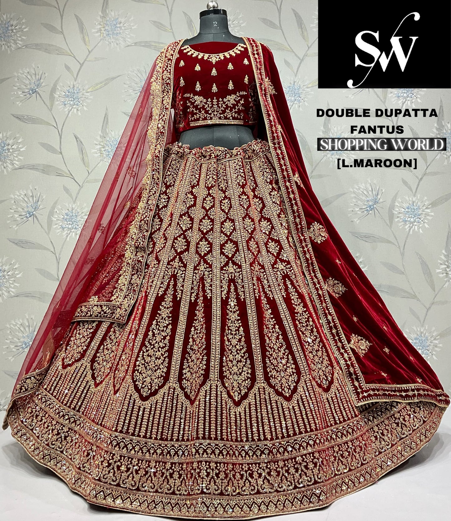 Lavishing light maroon Velvet double dupatta bridal Lehenga