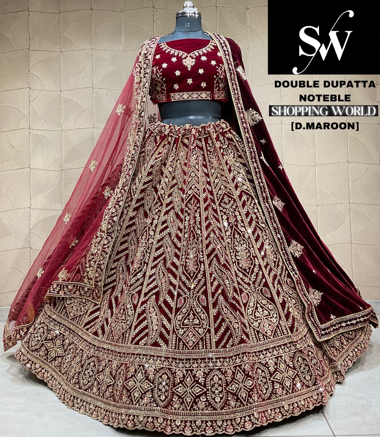 Pleasing dark maroon Velvet double dupatta bridal Lehenga