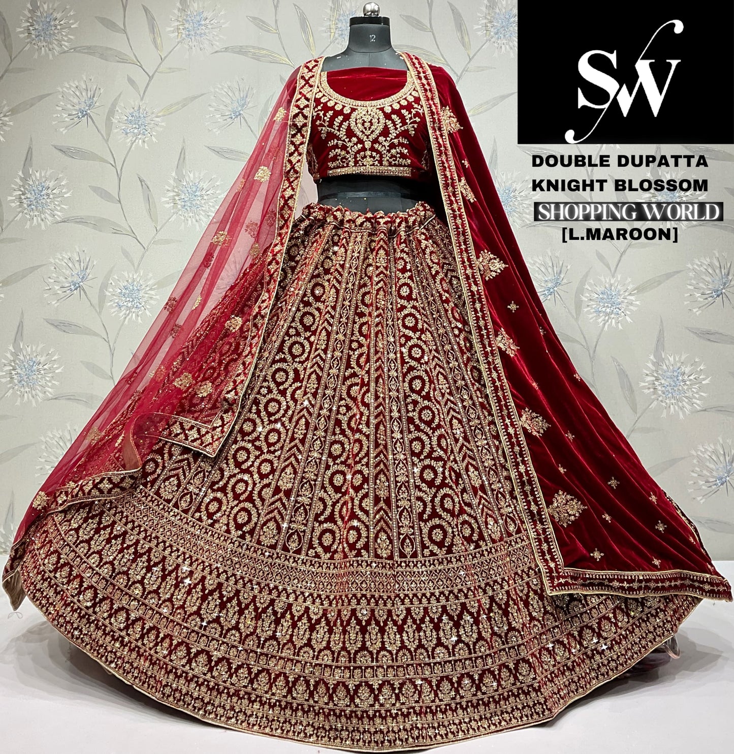 Elegant light maroon Velvet double dupatta bridal Lehenga