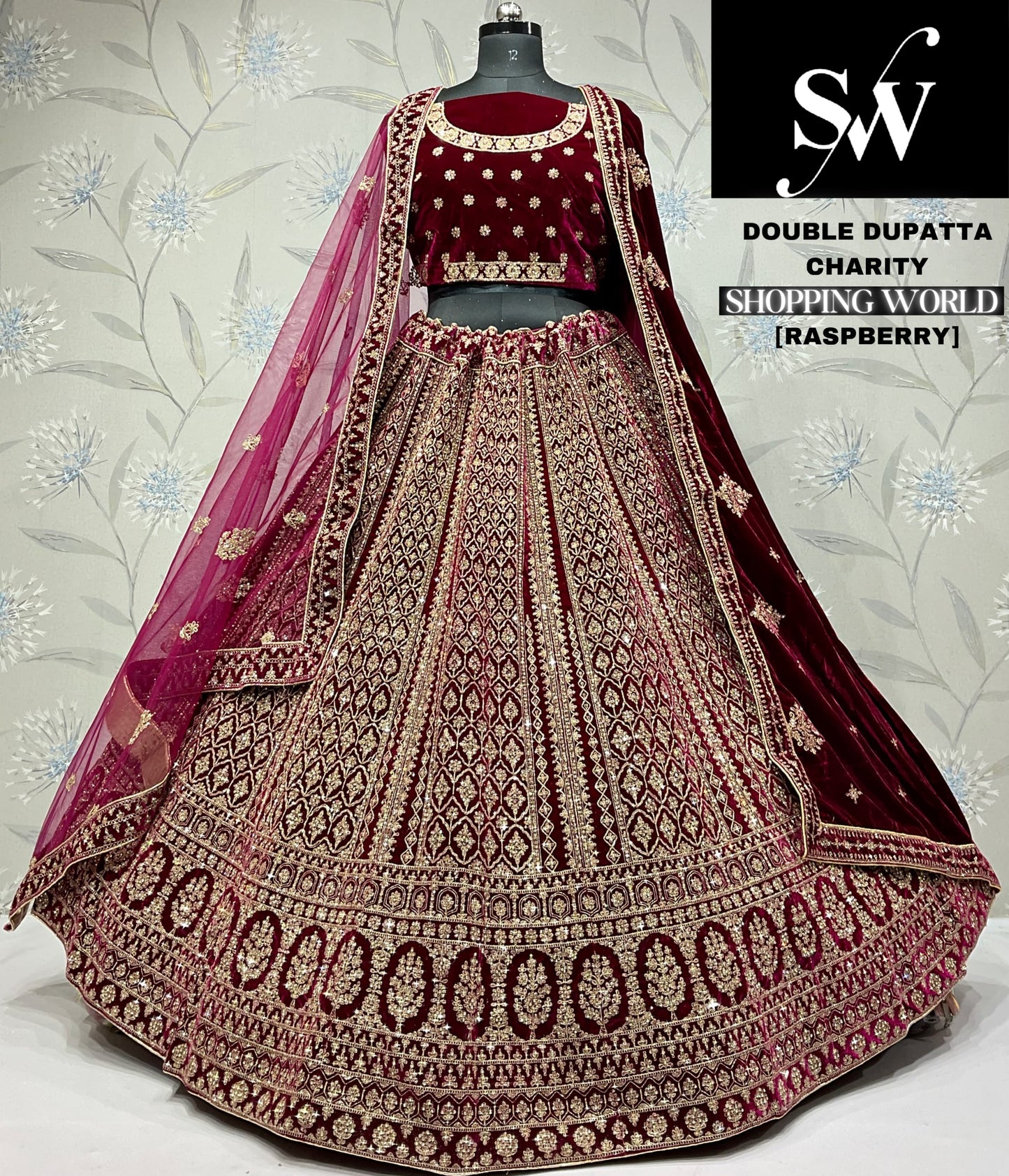 Amazing Raspberry Velvet double dupatta bridal Lehenga