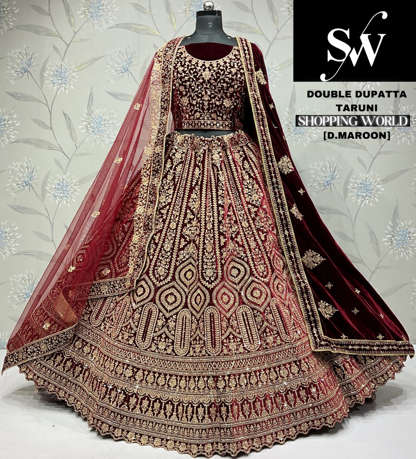 Fantastic dark maroon Velvet double dupatta bridal Lehenga