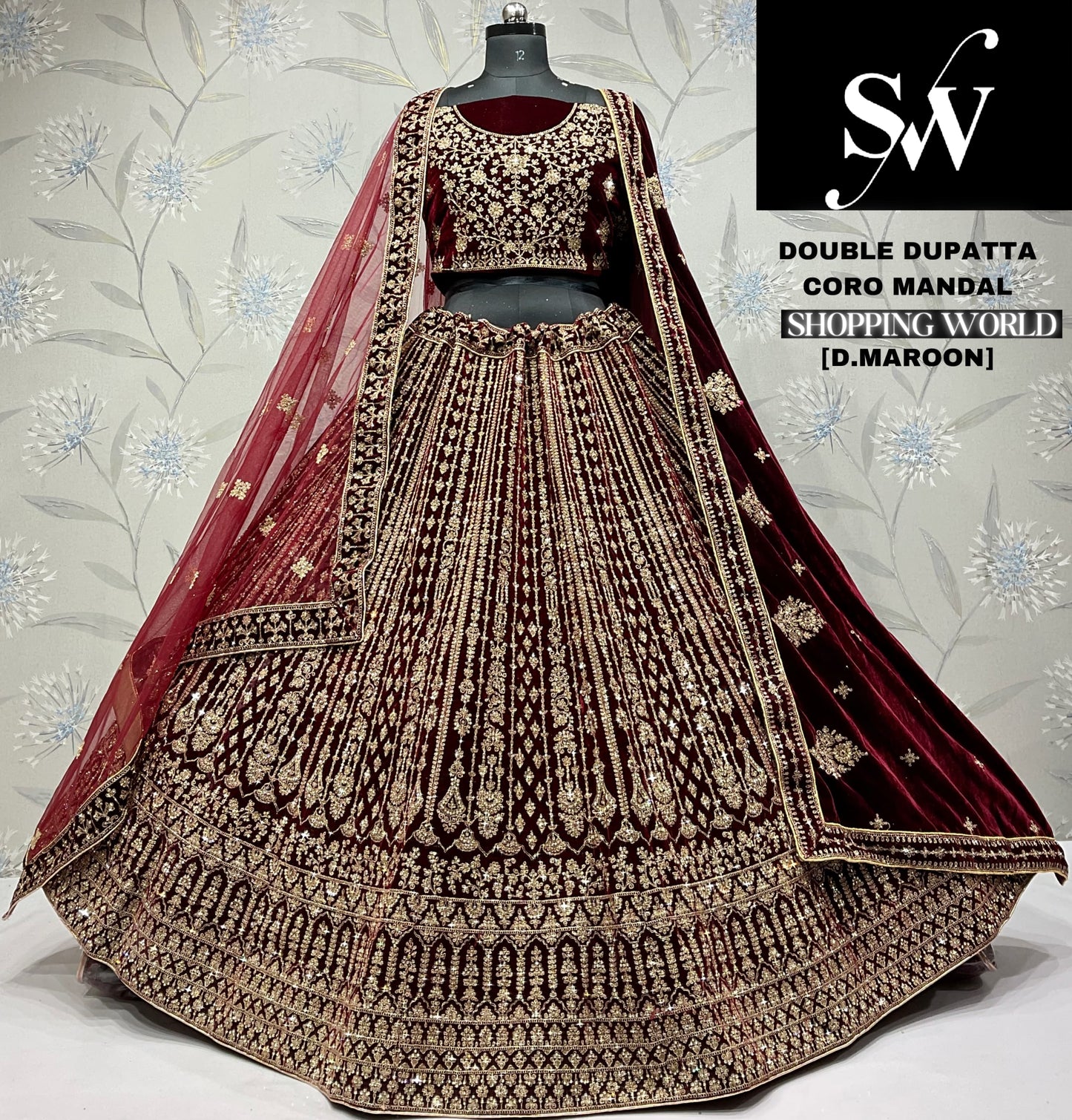 Fabulous dark maroon Velvet double dupatta bridal Lehenga