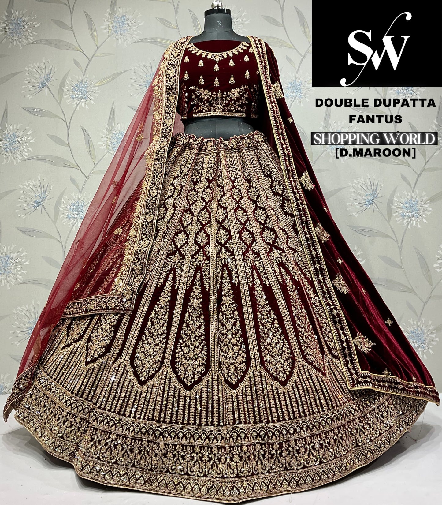 Khoobsurat dark maroon Velvet double dupatta bridal Lehenga