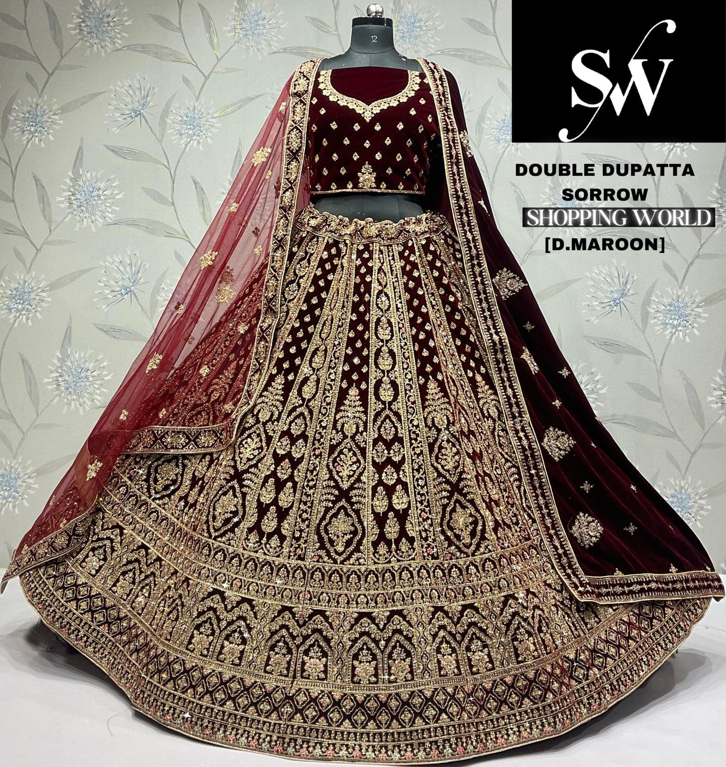 Eye catching dark maroon Velvet double dupatta bridal Lehenga