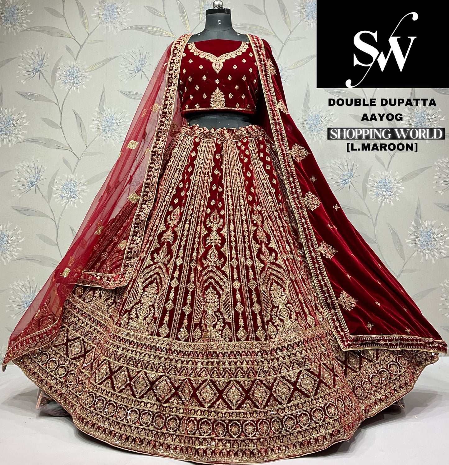 Designer light maroon Velvet double dupatta bridal Lehenga